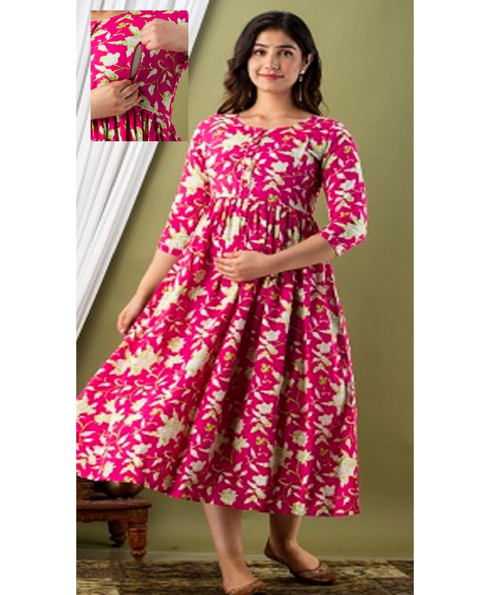 NEVISHA STYLE Cotton Woven Three Fourth Sleeves Floral Printed Maternity Dress With Side Seam Nursing Access - Pink-picture-15