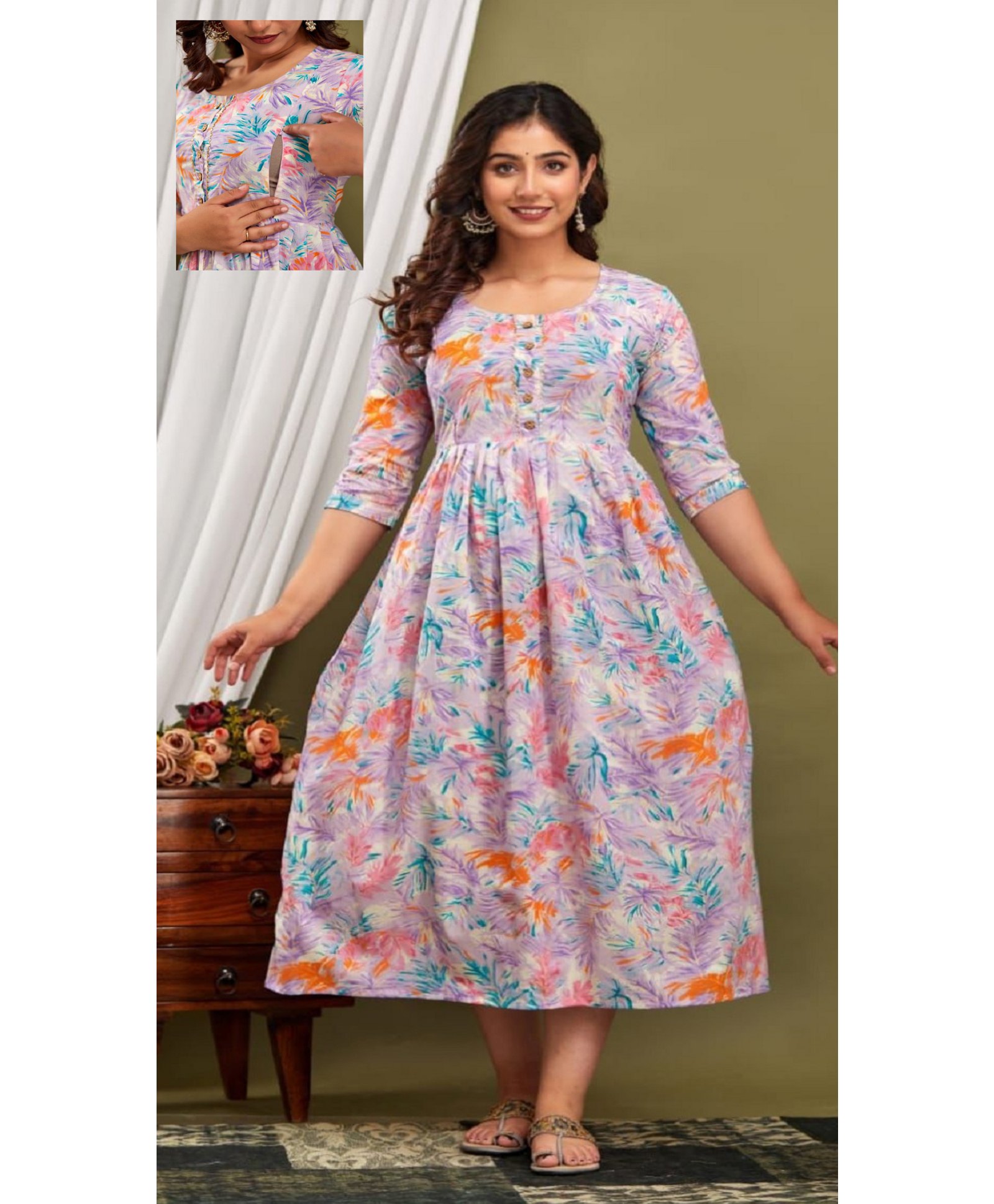 NEVISHA STYLE Cotton Woven Three Fourth Sleeves Floral Printed Maternity Dress With Side Seam Nursing Access - Lavender-picture-12