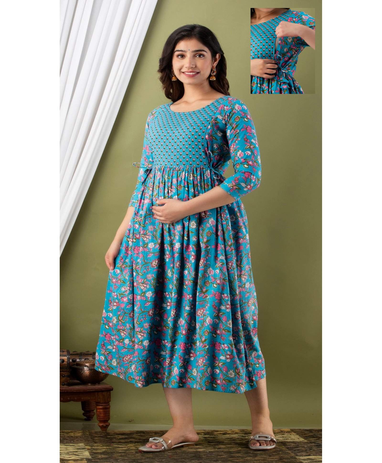 NEVISHA STYLE Cotton Woven Three Fourth Sleeves Floral Printed Maternity Kurta With Side Zipper Nursing Access - Blue-picture-17