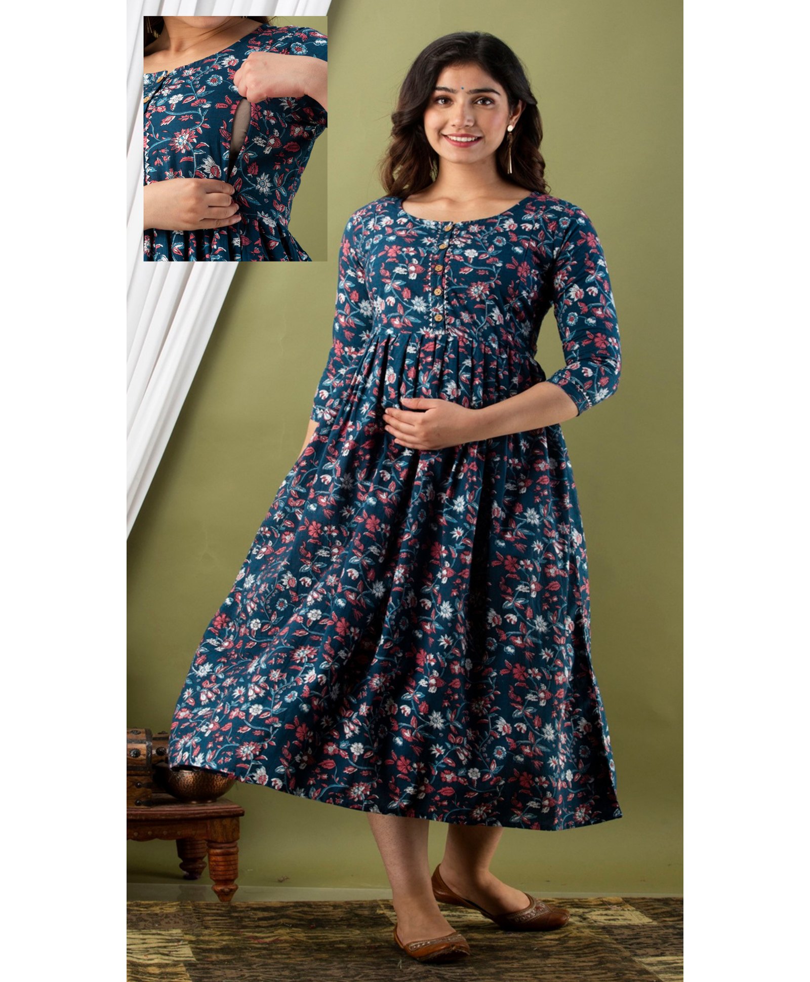NEVISHA STYLE Cotton Woven Three Fourth Sleeves Floral Printed Maternity Dress With Side Seam Nursing Access - Blue-picture-16