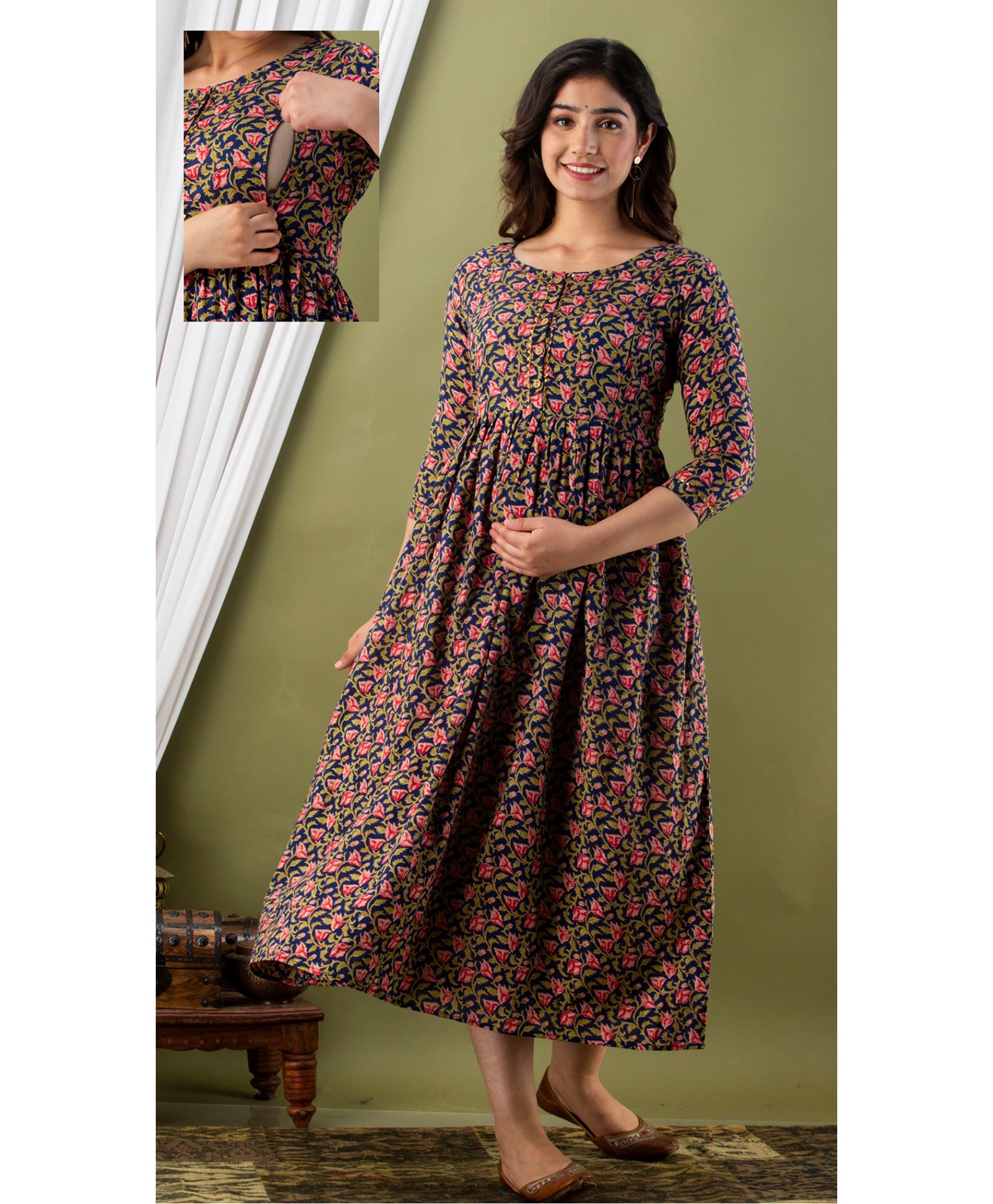 NEVISHA STYLE Cotton Woven Three Fourth Sleeves Floral Printed Maternity Kurta With Nursing Access - Blue-picture-31