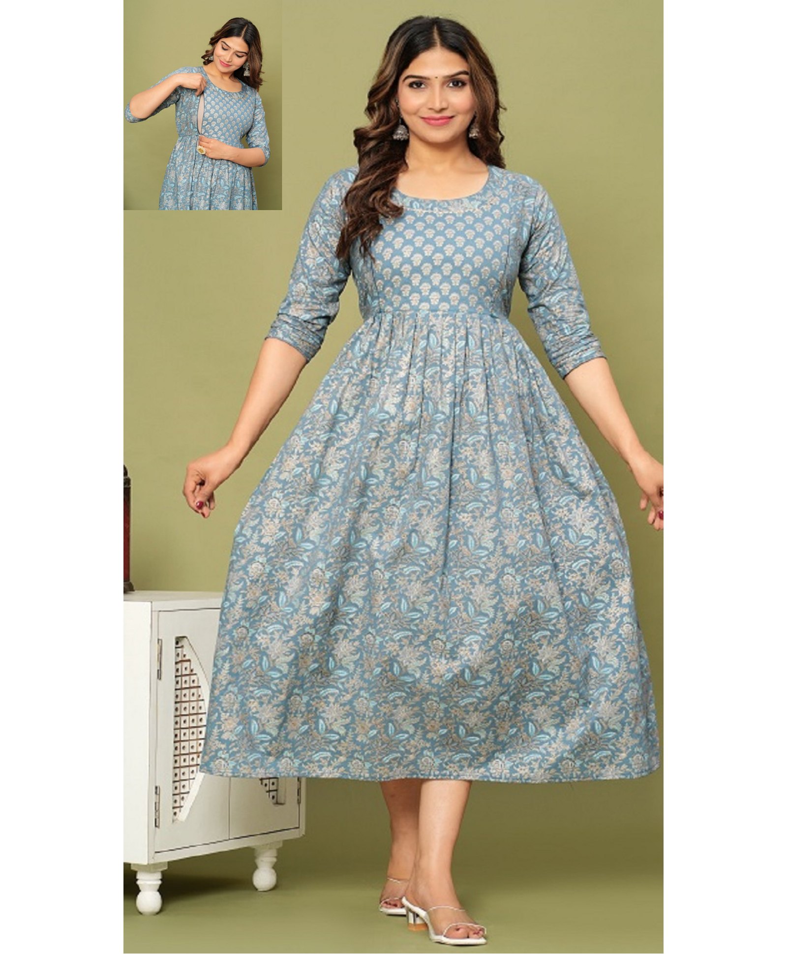 NEVISHA STYLE Cotton Woven Three Fourth Sleeves Floral Printed Maternity Kurta With Nursing Access - Grey-picture-32