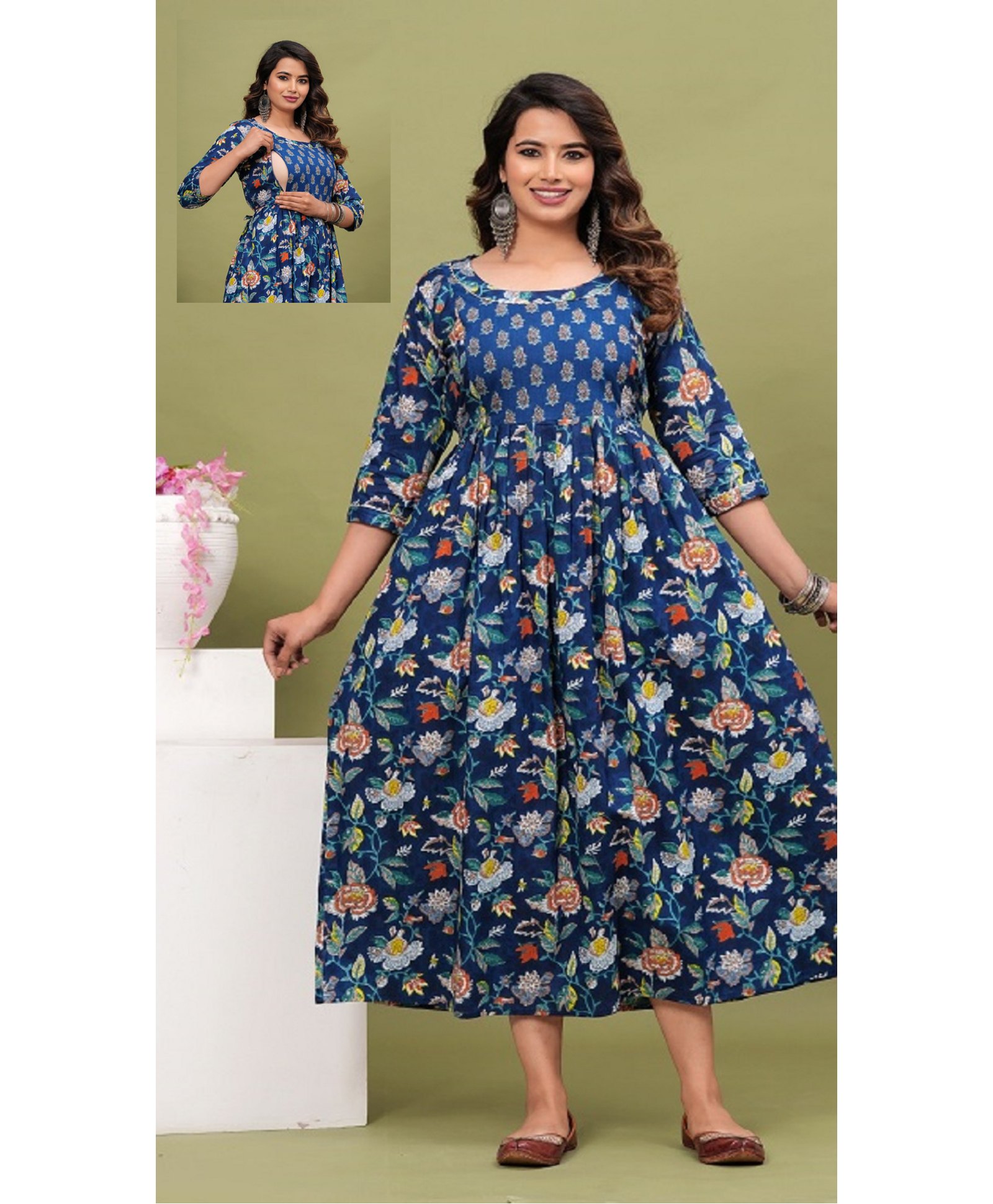 NEVISHA STYLE Cotton Woven Three Fourth Sleeves Floral Printed Maternity Kurta With Nursing Access - Blue-picture-33