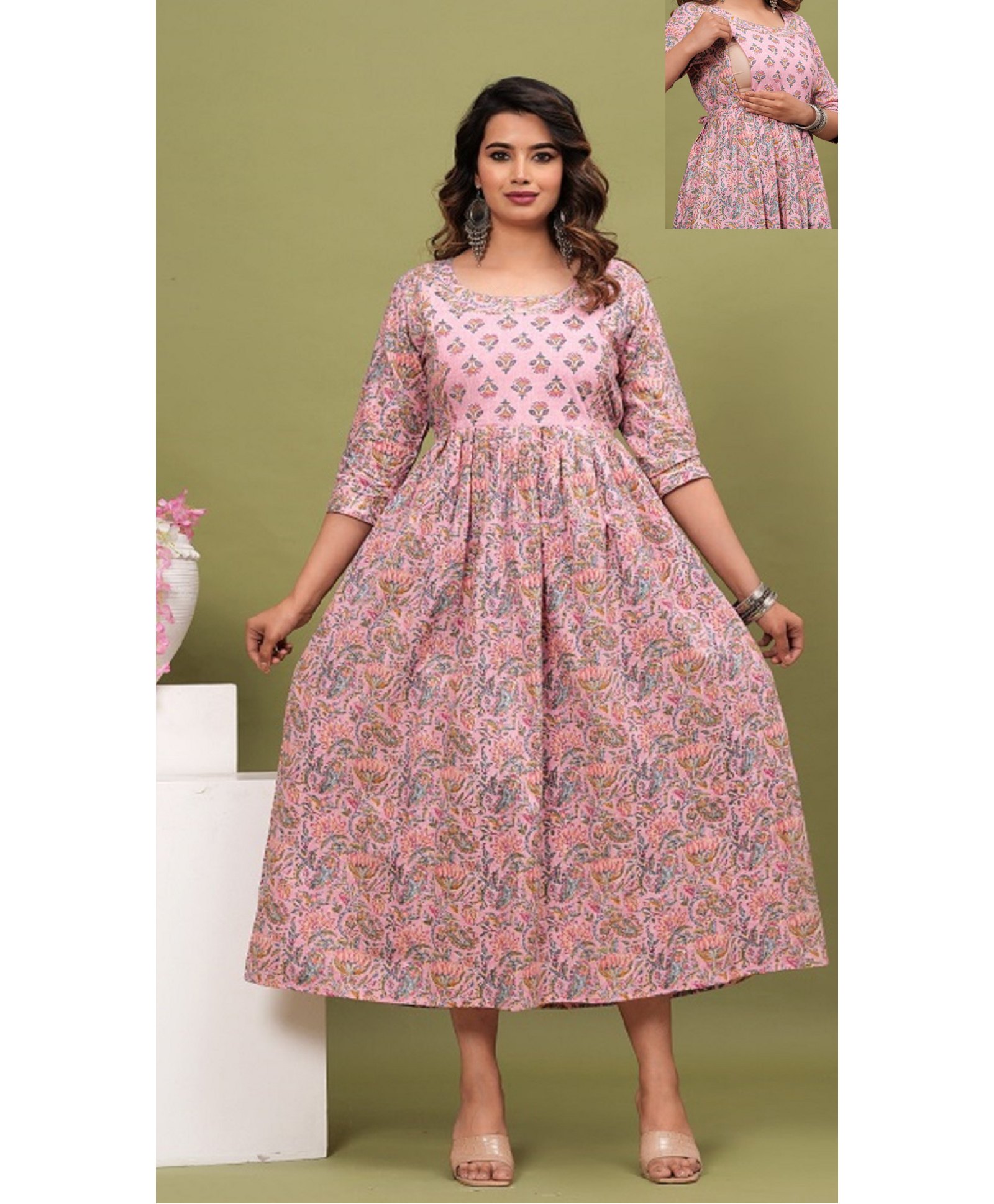 NEVISHA STYLE Cotton Woven Three Fourth Sleeves Floral Printed Maternity Kurta With Nursing Access - Pink-picture-36