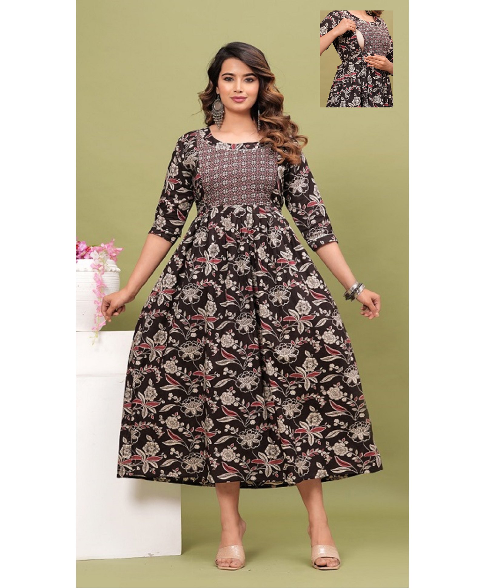 NEVISHA STYLE Cotton Woven Three Fourth Sleeves Floral Printed Maternity Kurta With Nursing Access - Black-picture-37