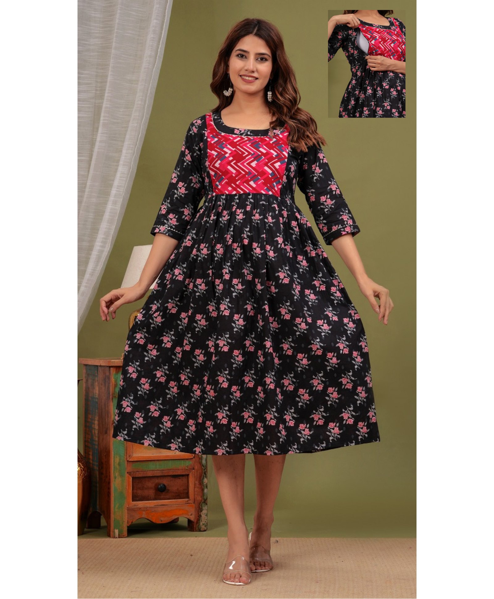NEVISHA STYLE Cotton Woven Three Fourth Sleeves Floral Printed Maternity Kurta With Nursing Access - Black-picture-39