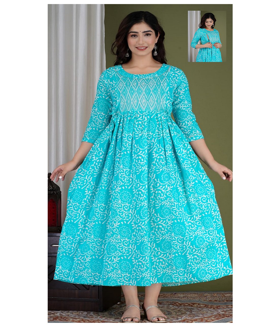 NEVISHA STYLE Cotton Woven Three Fourth Sleeves Floral Swirls Printed Maternity Kurta With Side Zipper Nursing Access - Blue-picture-26