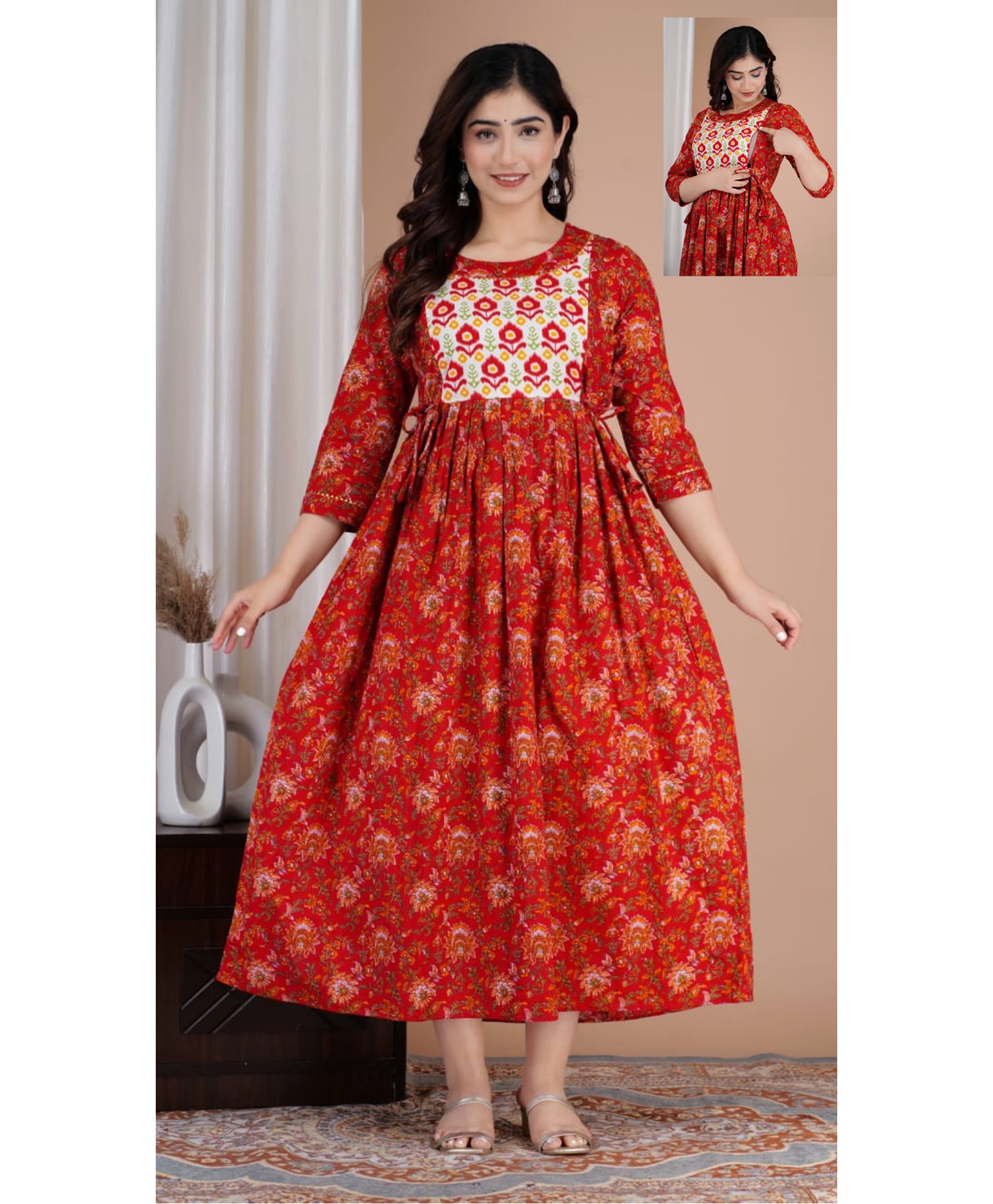 NEVISHA STYLE Cotton Woven Three Fourth Sleeves Floral Printed Maternity Kurta With Nursing Access - Red-picture-40