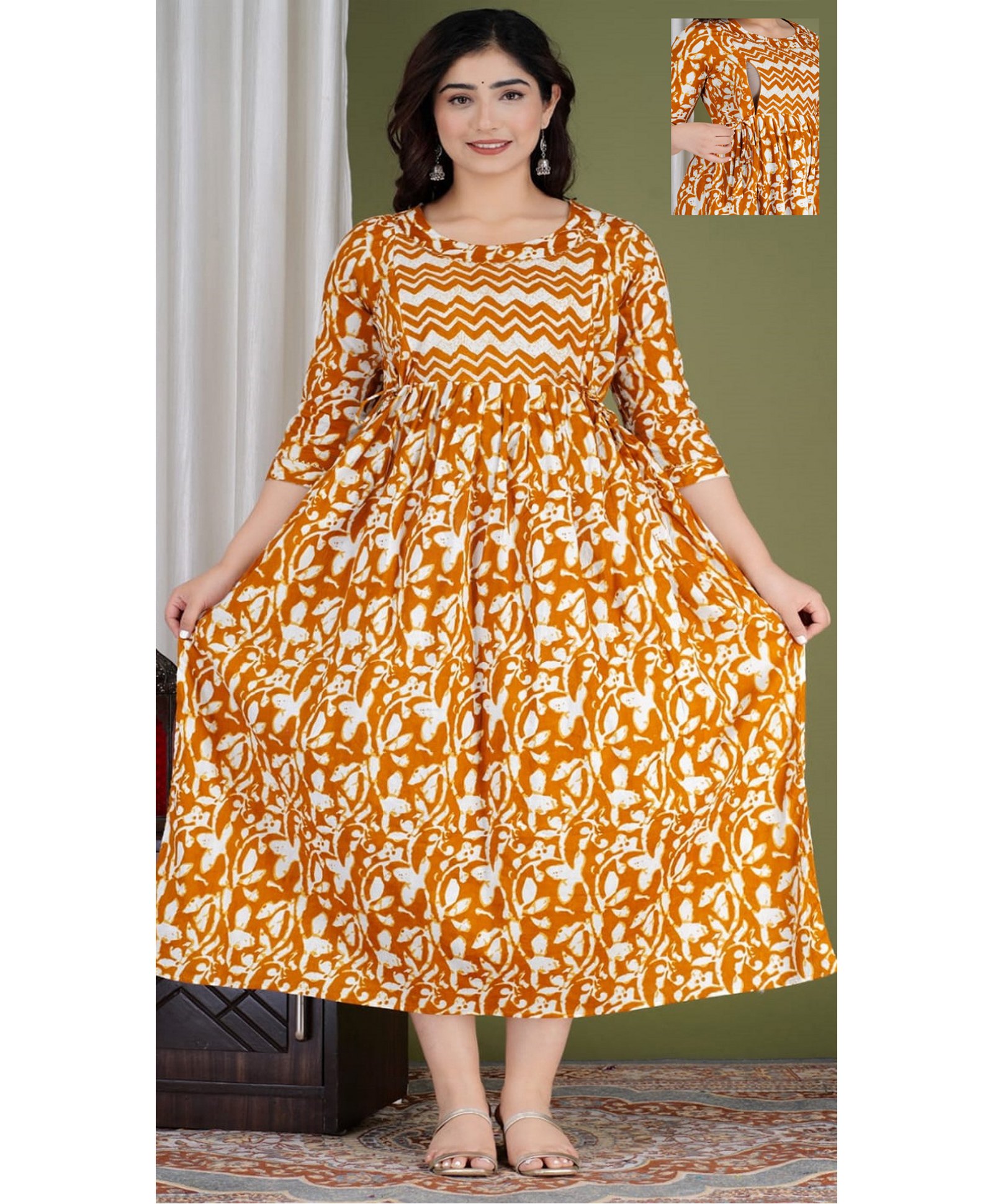 NEVISHA STYLE Cotton Woven Three Fourth Sleeves Floral Printed Maternity Kurta With Nursing Access - Brown-picture-19