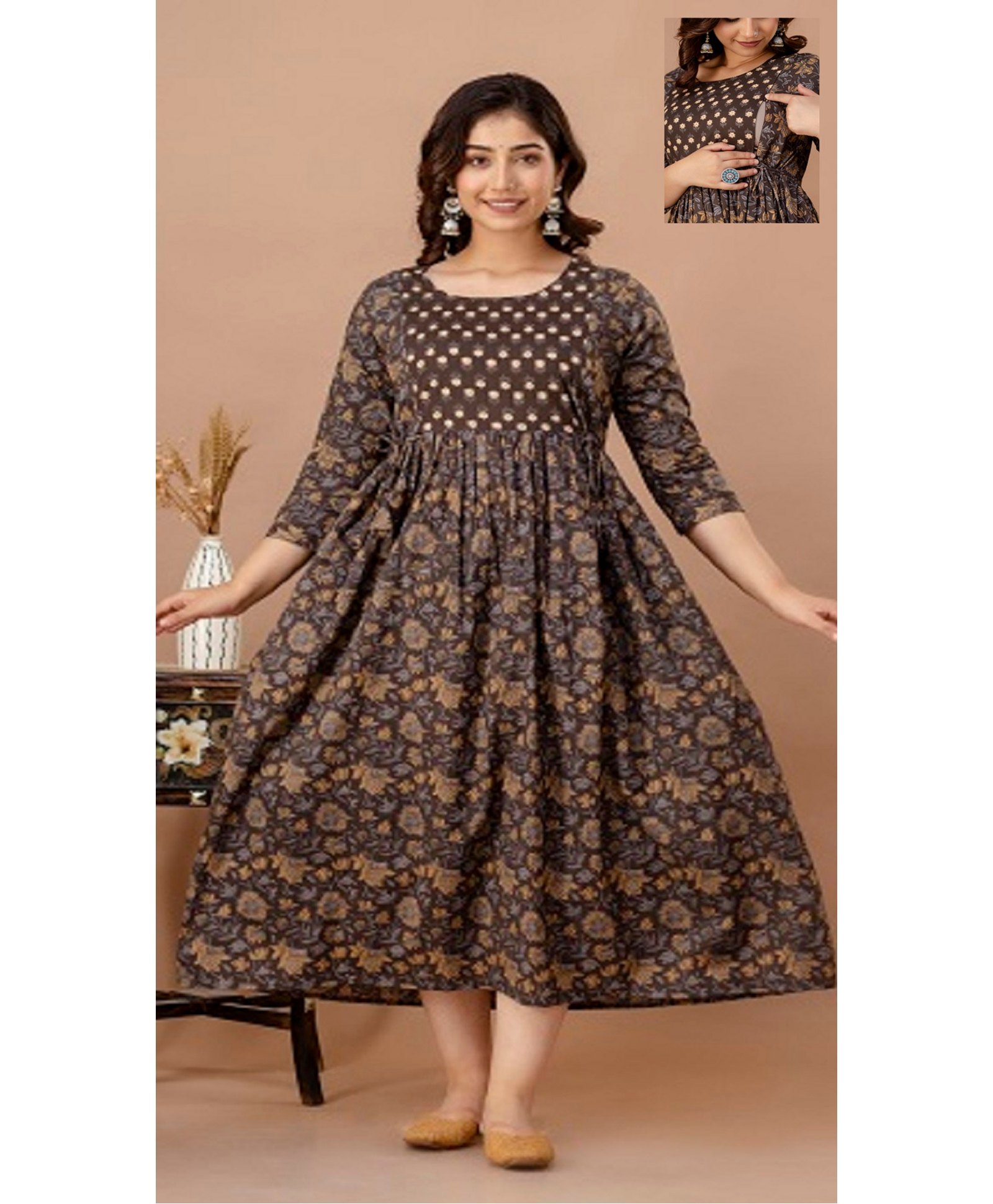 NEVISHA STYLE Cotton Woven Three Fourth Sleeves Floral Printed Maternity Kurta With Nursing Access - Brown-picture-20