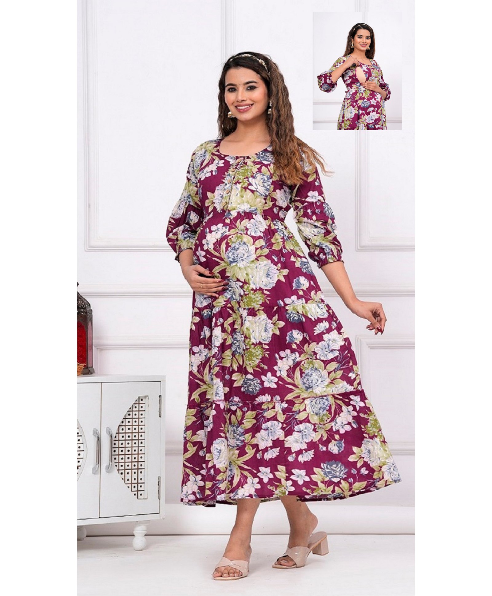 NEVISHA STYLE Cotton Woven Three Fourth Sleeves Floral Printed Maternity Kurta With Nursing Access - Maroon-picture-21