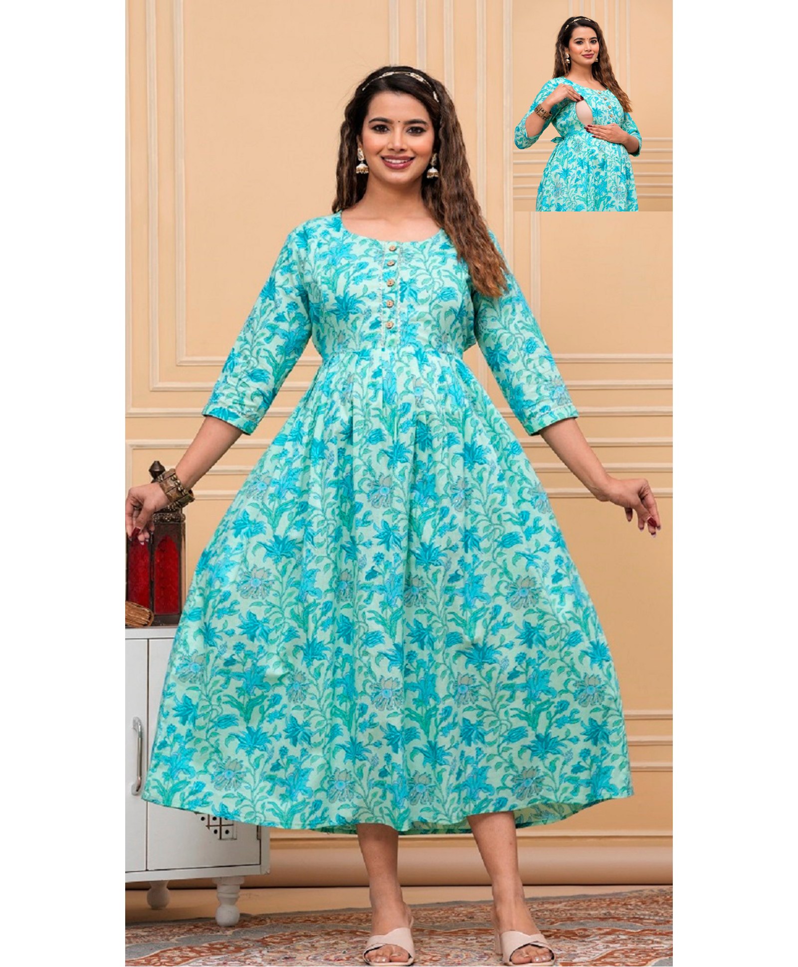 NEVISHA STYLE Cotton Woven Three Fourth Sleeves Floral Printed Maternity Kurta With Nursing Access - Sea Green-picture-22