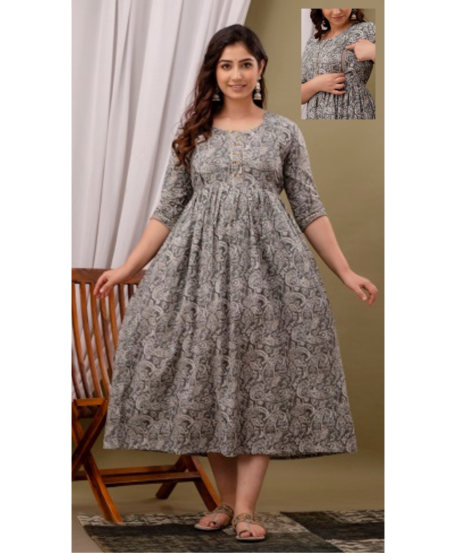 NEVISHA STYLE Cotton Woven Three Fourth Sleeves Floral Printed Maternity Kurta With Nursing Access - Silver-picture-23