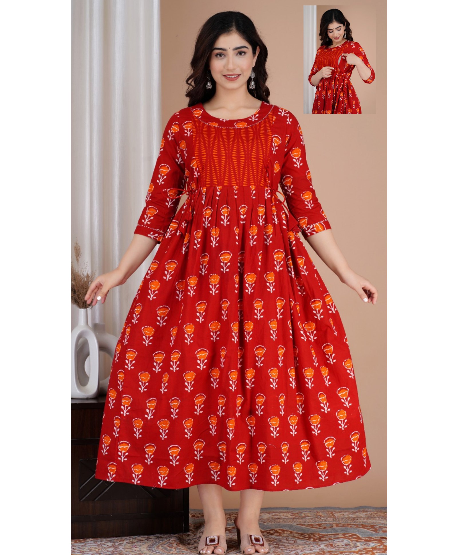 NEVISHA STYLE Cotton Woven Three Fourth Sleeves Floral Printed Maternity Kurta With Nursing Access - Red-picture-24