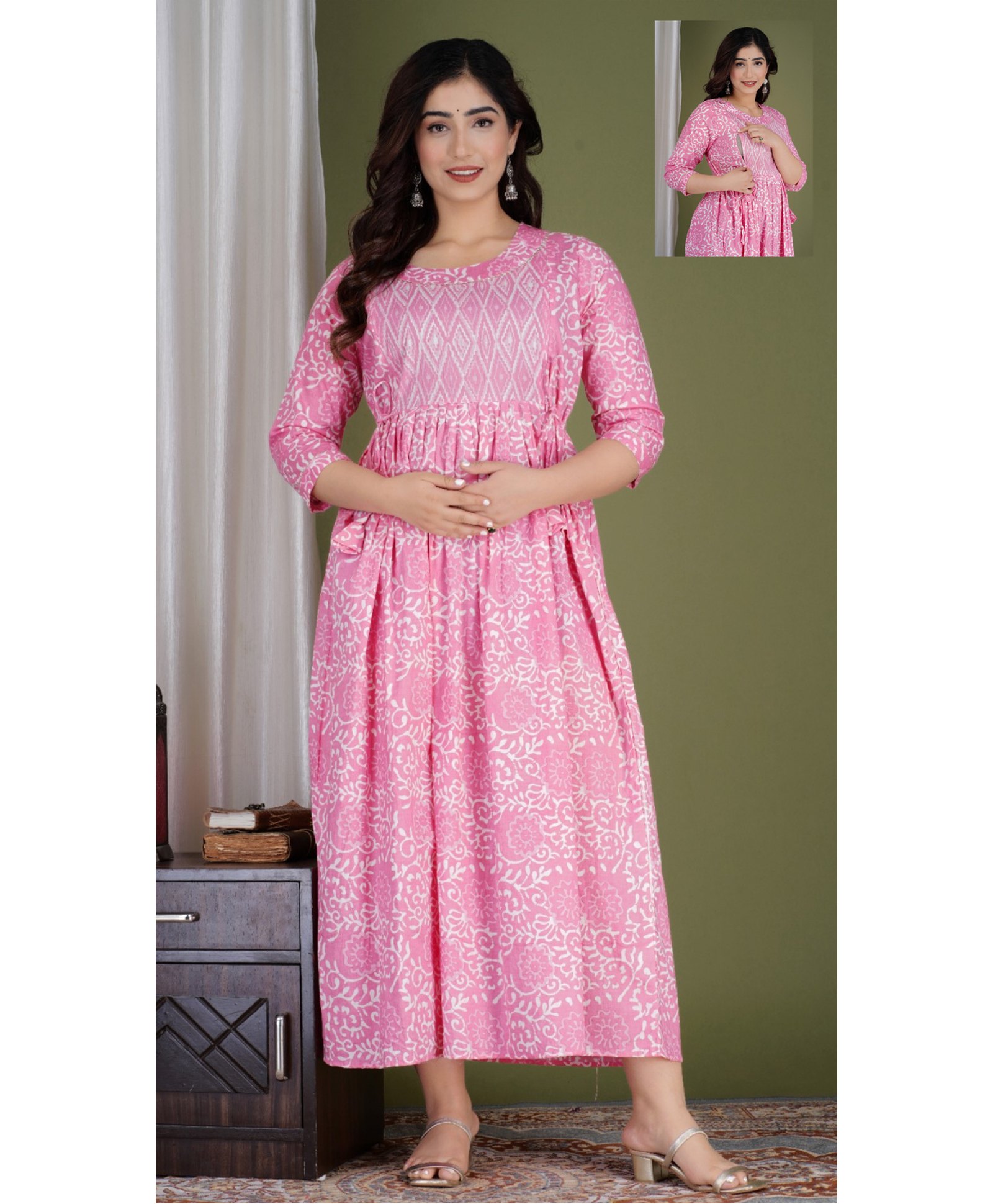 NEVISHA STYLE Cotton Woven Three Fourth Sleeves Floral Printed Maternity Kurta With Nursing Access - Pink-picture-25