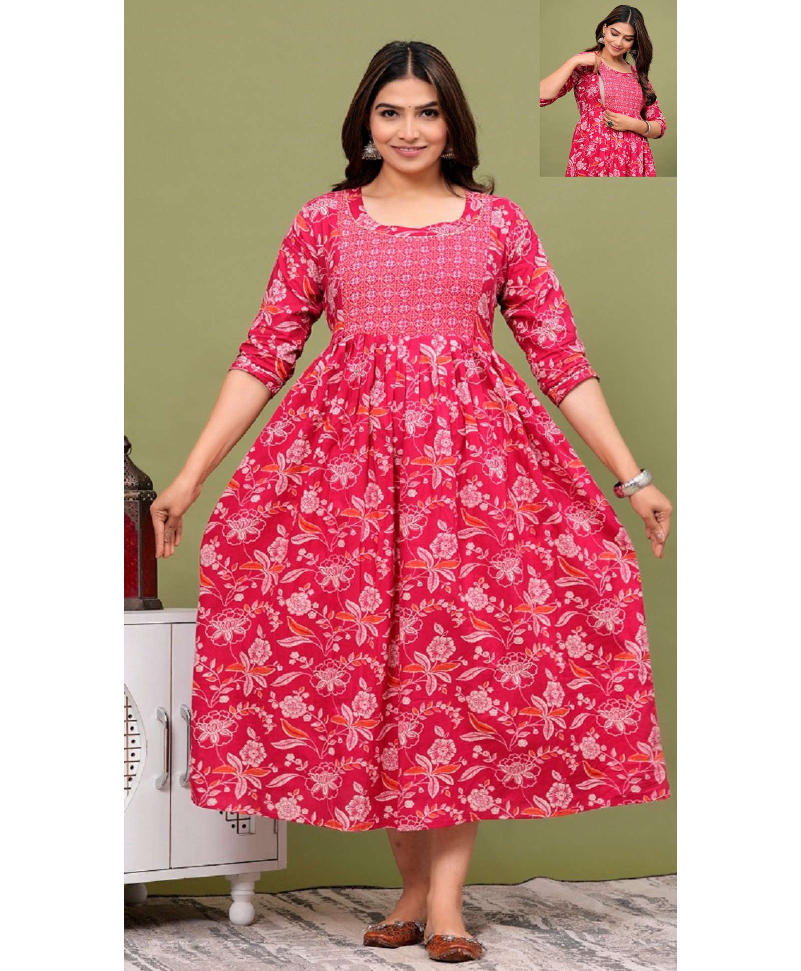 NEVISHA STYLE Cotton Woven Three Fourth Sleeves Floral Printed Maternity Kurta With Nursing Access - Pink-picture-26