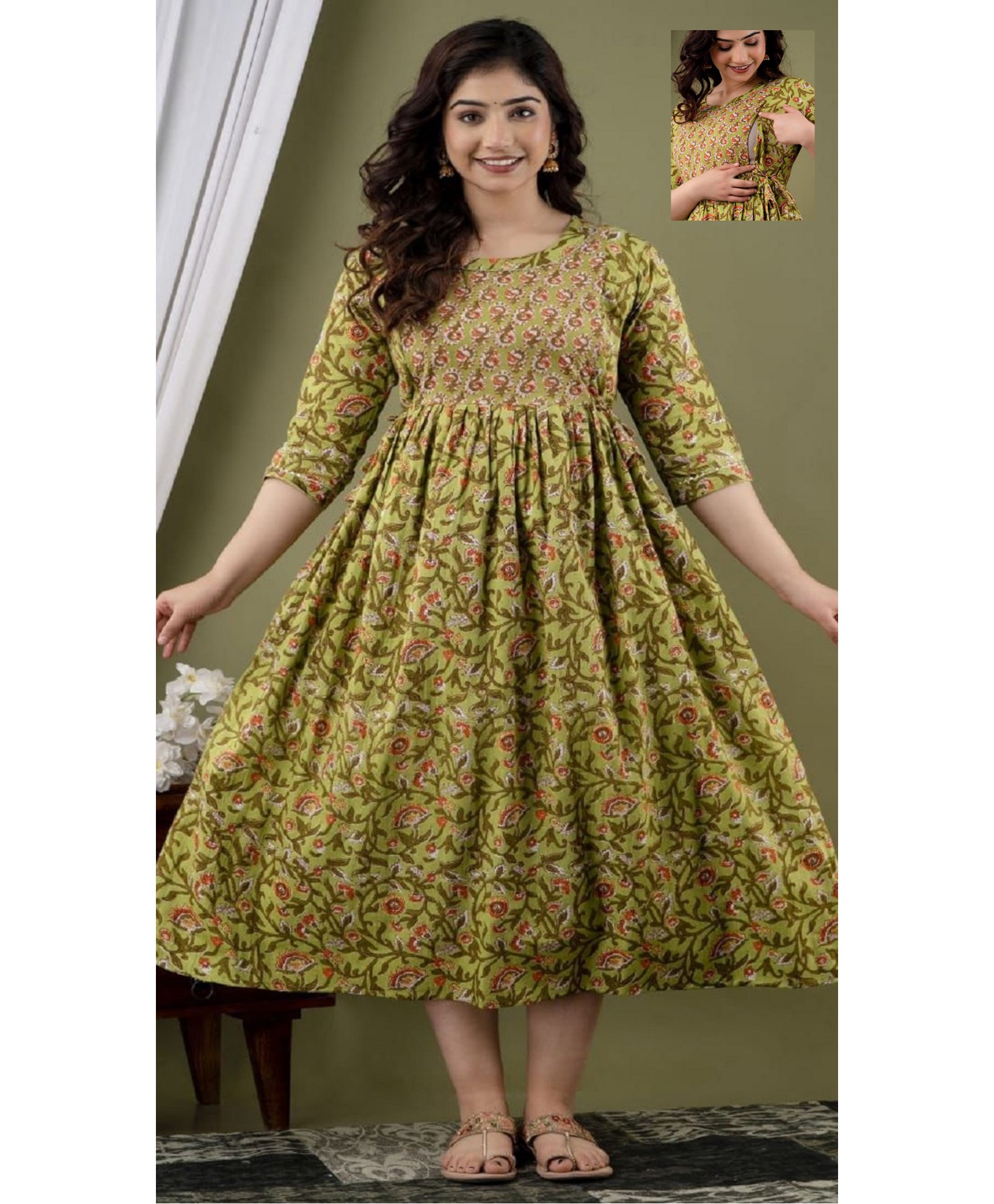 NEVISHA STYLE Cotton Woven Three Fourth Sleeves Floral Printed Maternity Kurta With Nursing Access - Green-picture-28