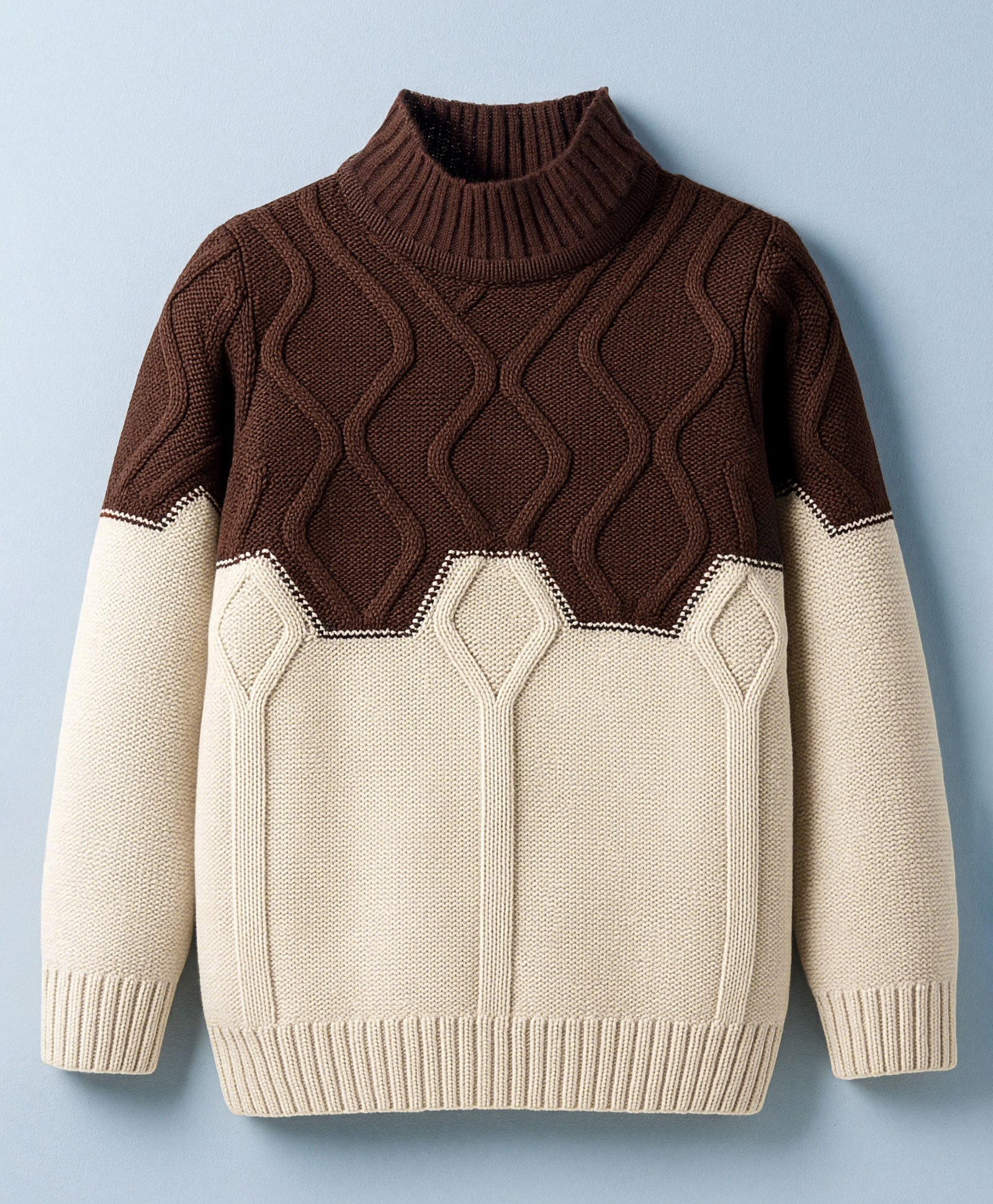 Pine Kids Knit Full Sleeves Pullover Sweater with Color Block & Cable Knit Design - Brown-picture-10