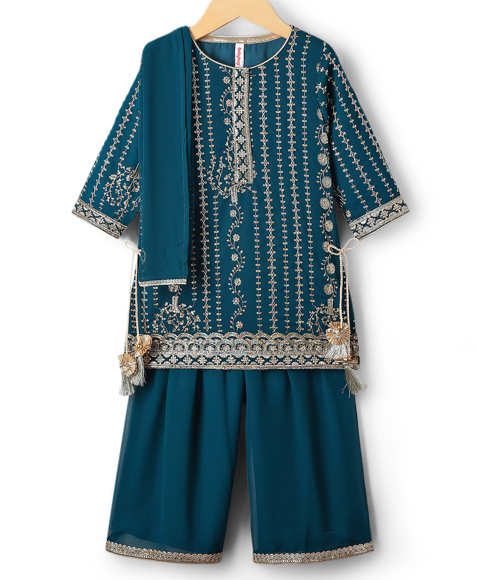 Babyhug Woven Three Fourth Sleeves Embroidered Kurti Palazzo Set with Dupatta & Sequin Detailing - Teal Blue-image-23