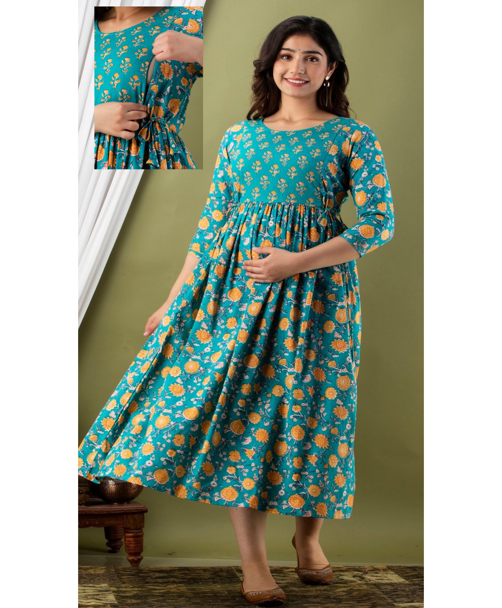 NEVISHA STYLE Cotton Woven Three Fourth Sleeves Floral Printed Maternity Kurta With Side Zipper Nursing Access - Multi Colour-picture-30