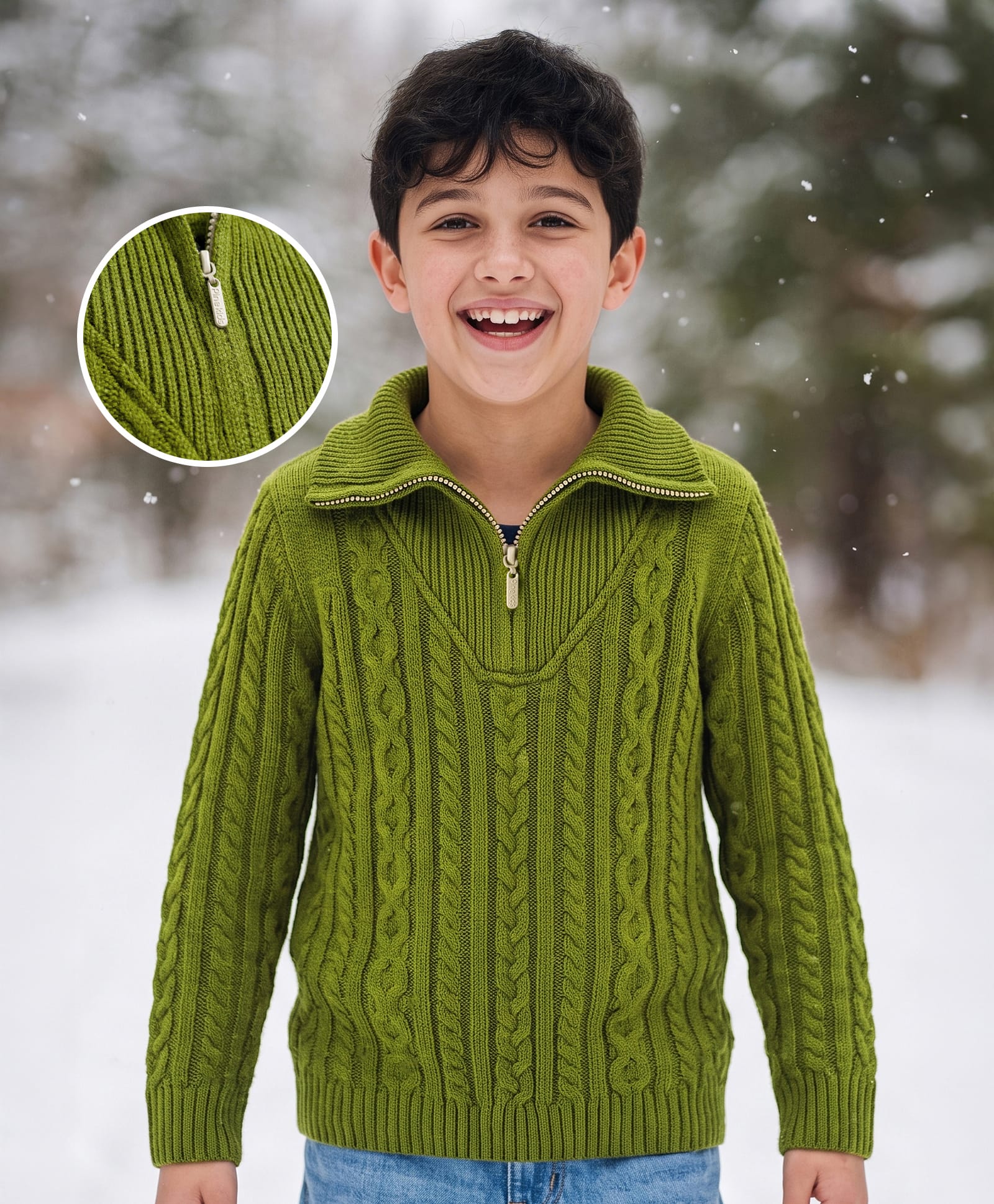 Pine Kids Knit Full Sleeves Pullover Sweater with Cable Knit Design - Green-picture-28