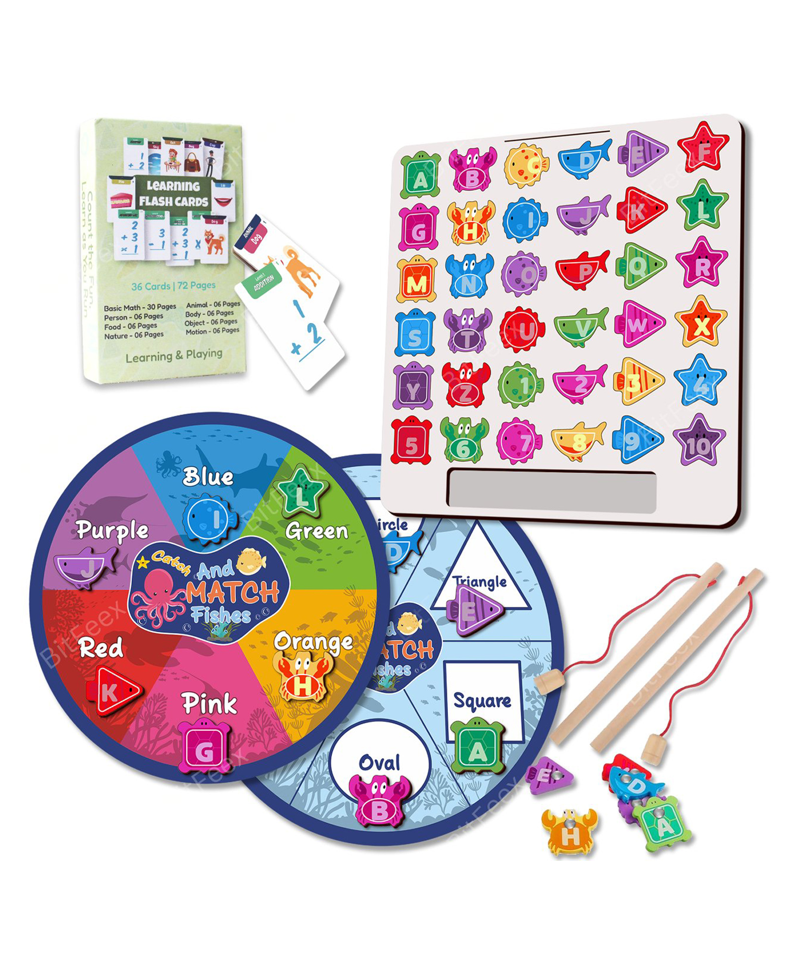 BitFeex 3in1 Wooden Montessori Fishing Game With Mat Magnetic Fishing, Color & Shape Sorting, Letter & Number Card Learning Educational Toy for Toddlers & Kids Ages 3-6 Years-picture-12