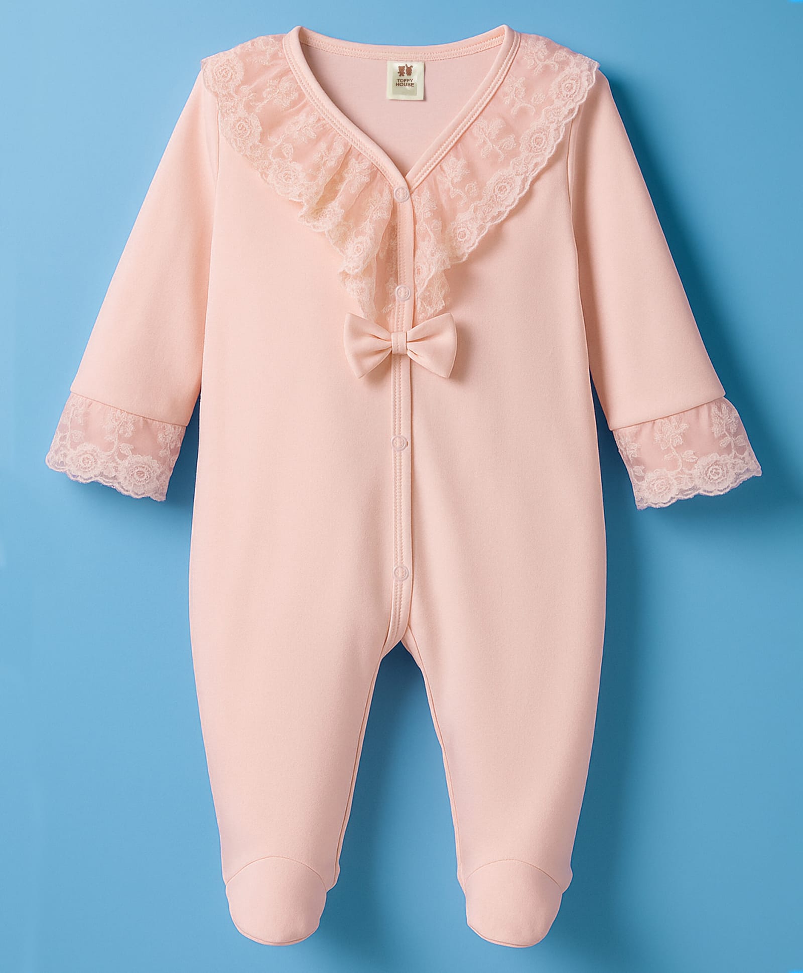 ToffyHouse Interlock Knit Full Sleeves Romper With Bow Applique & Floral Lace Detailing - Romper-image-29