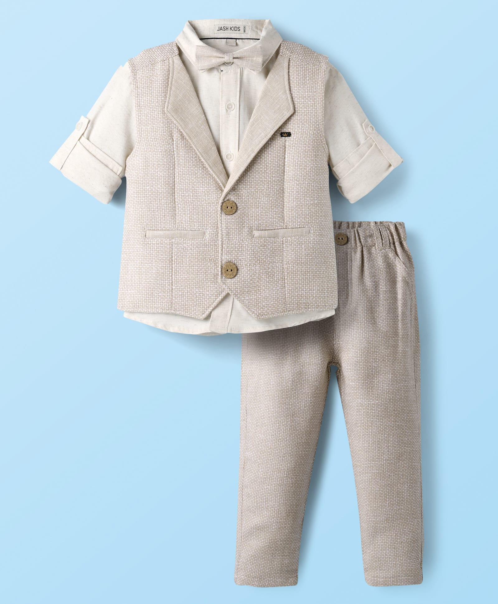 JASH KIDS Cotton Woven Full Sleeves 3 Piece Party Suit With Bow - Grey-picture-19