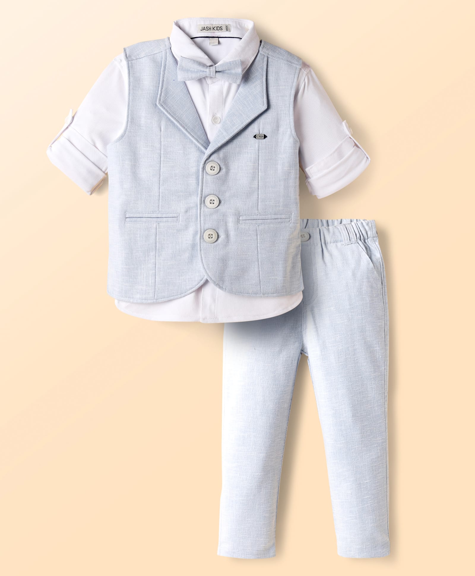 JASH KIDS Cotton Woven Full Sleeves 3 Piece Party Suit With Bow - Light Blue-image-43