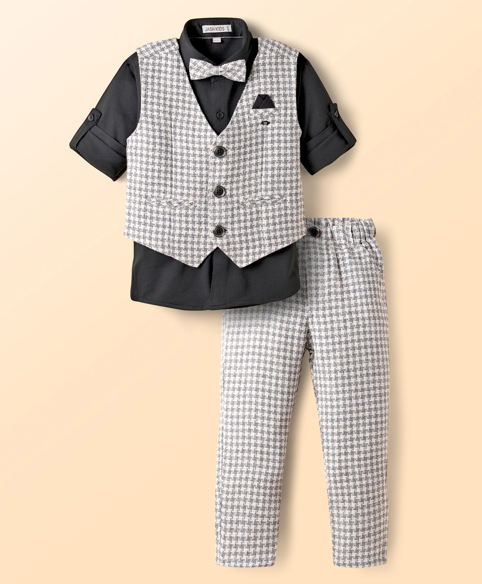 JASH KIDS Cotton Woven Full Sleeves 3 Piece Party Suit With Bow - Grey-picture-42