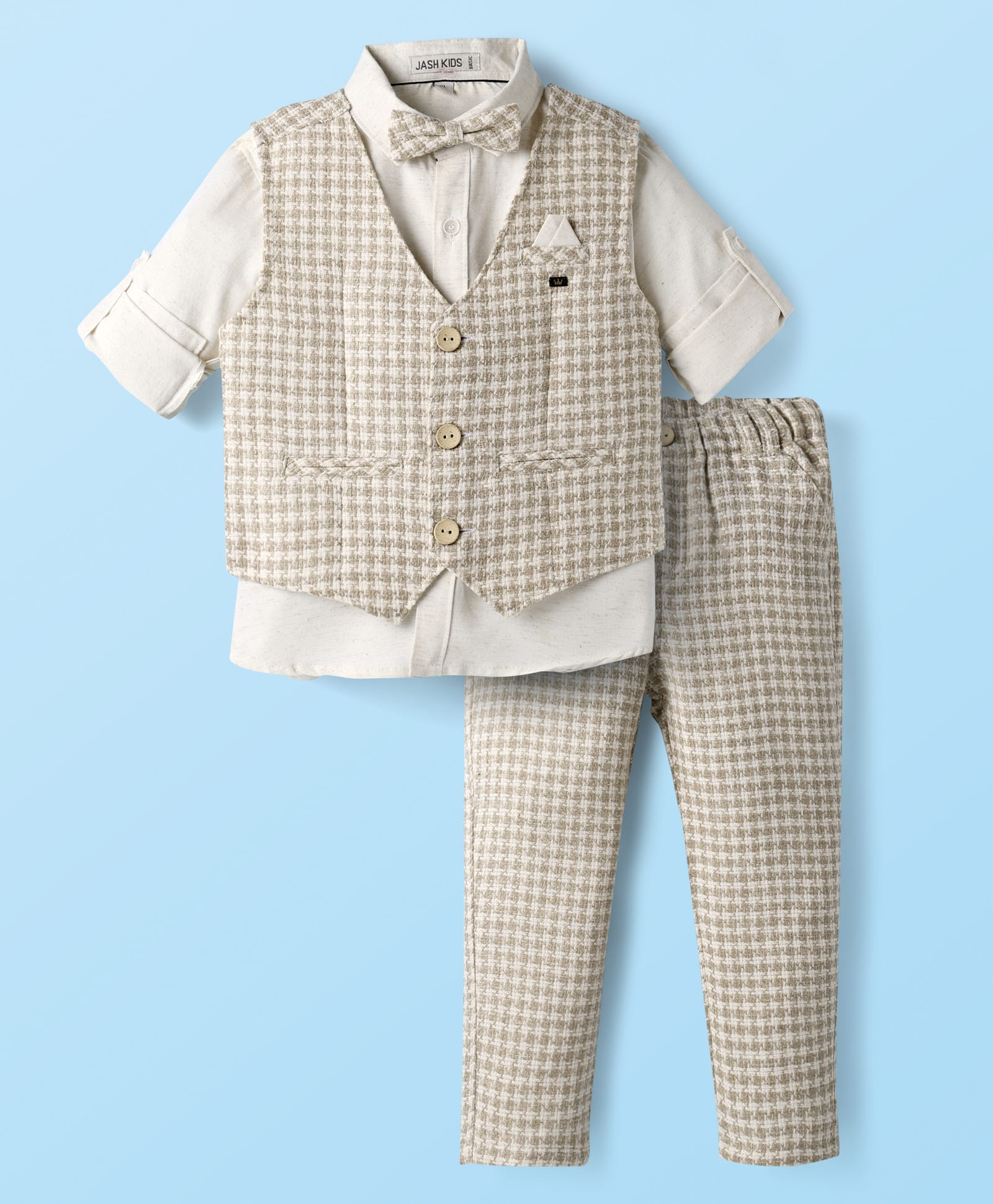 JASH KIDS Cotton Woven Full Sleeves 3 Piece Party Suit With Bow - Khaki-picture-33