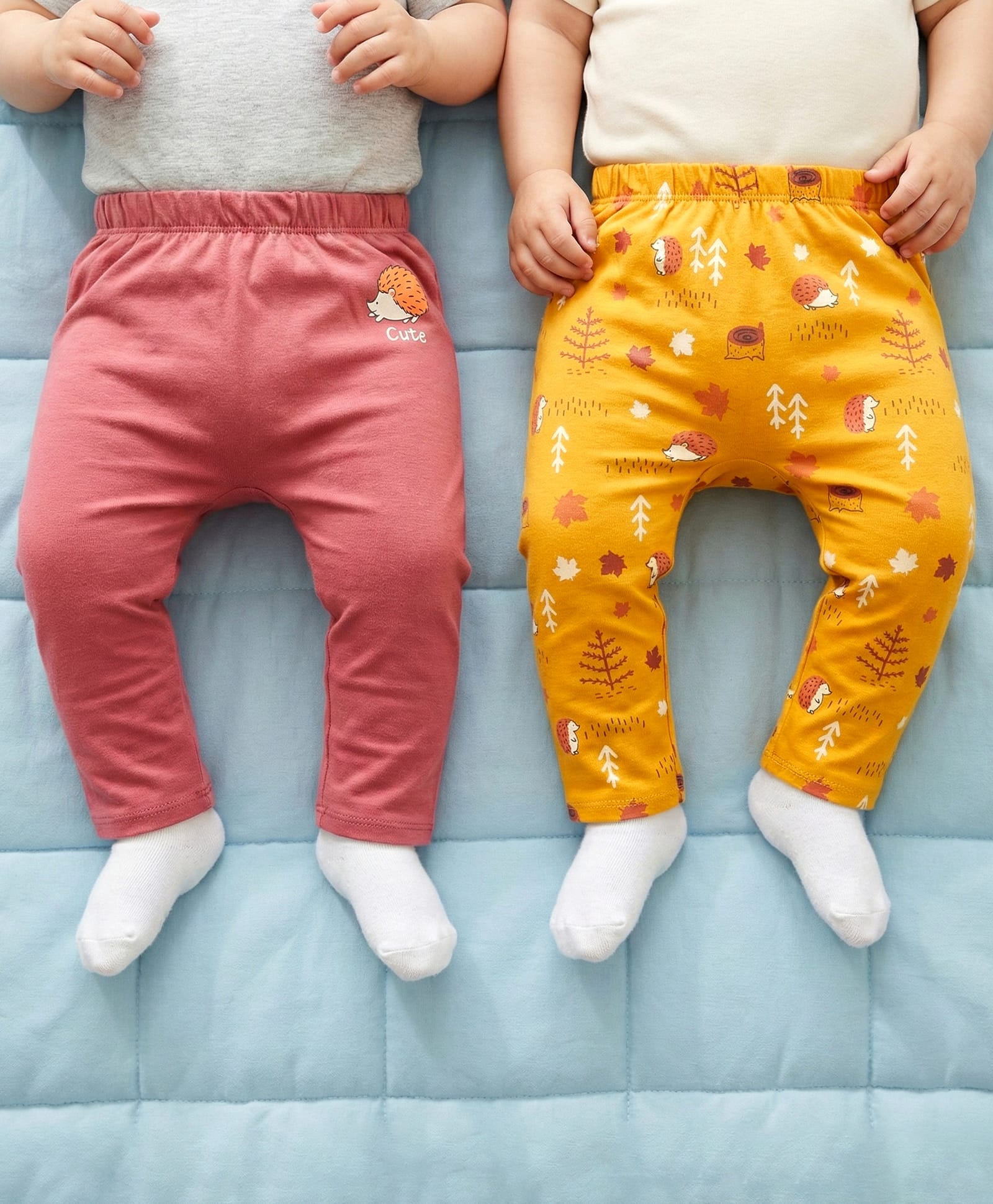 Babyoye 100% Cotton Eco Jiva Finish Full Length Diaper Leggings With Proccupine Print Pack of 2 - Yellow & Rose Gold