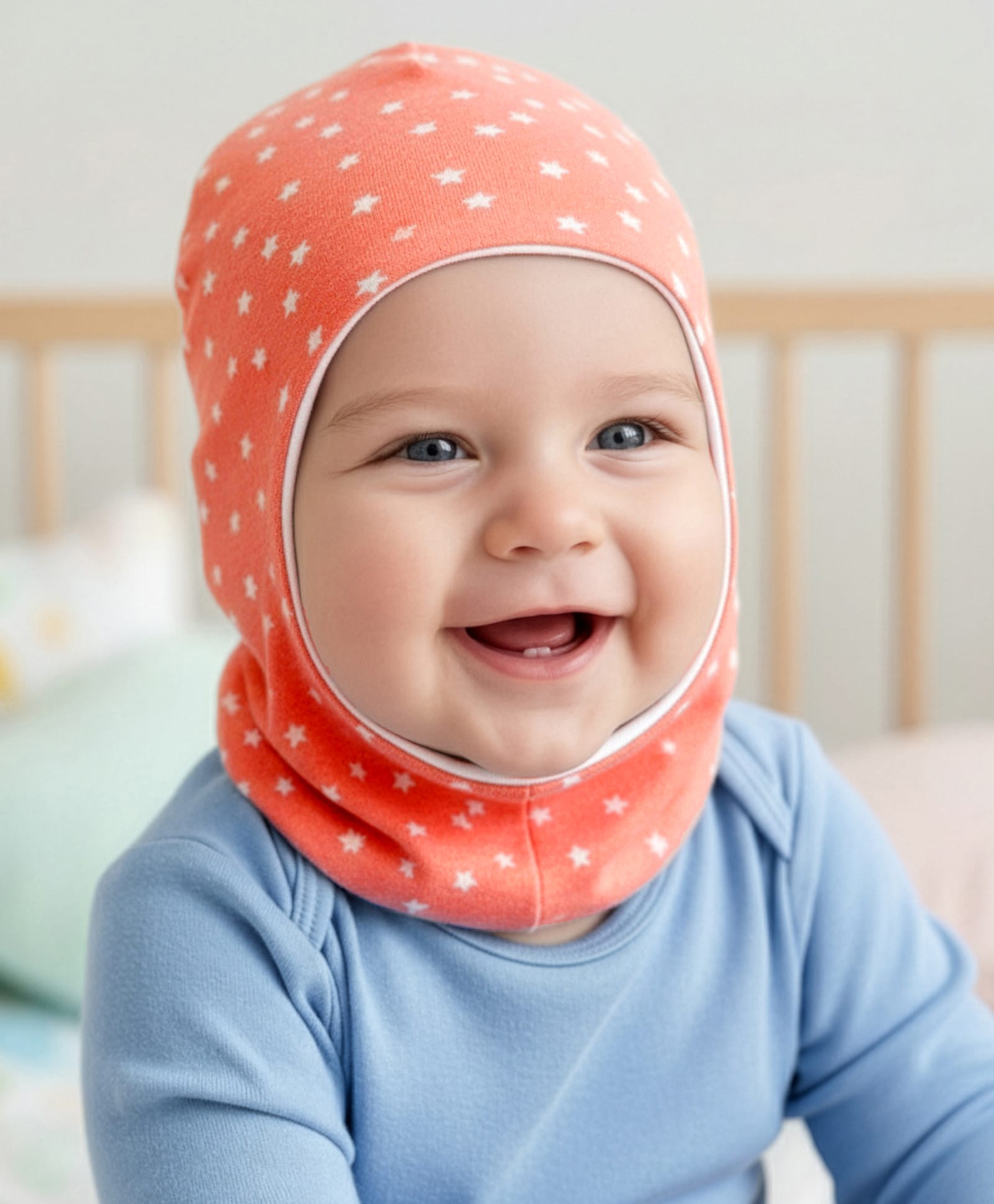 Babyhug Knit Reversible Monkey Cap With Star Print Light Peach - Diameter 10 cm