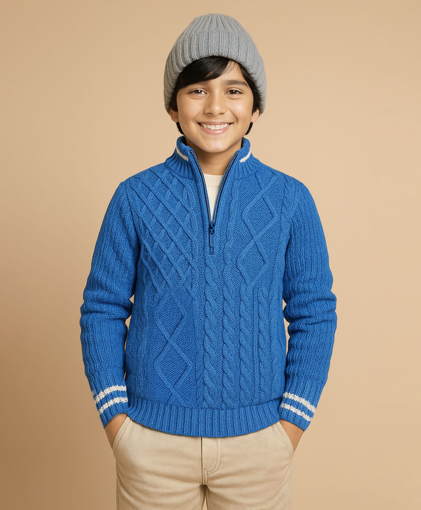 Pine Kids Knit Full Sleeves Pullover Sweater with Cable Knit Design -Blue-picture-22