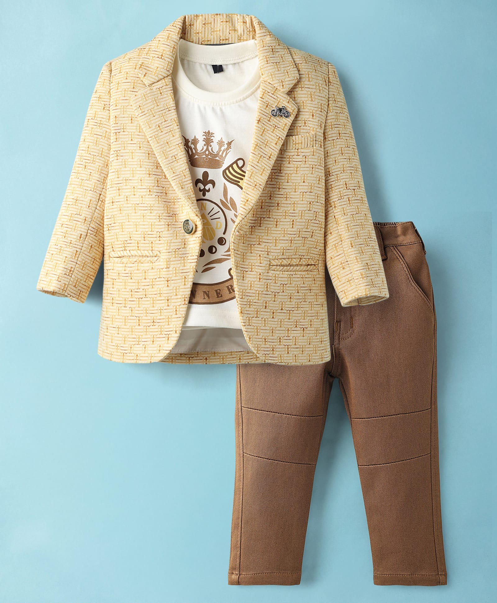 Dapper Dudes Full Sleeves Abstract Printed Blazer With Tee & Pant Set - Yellow-image-48