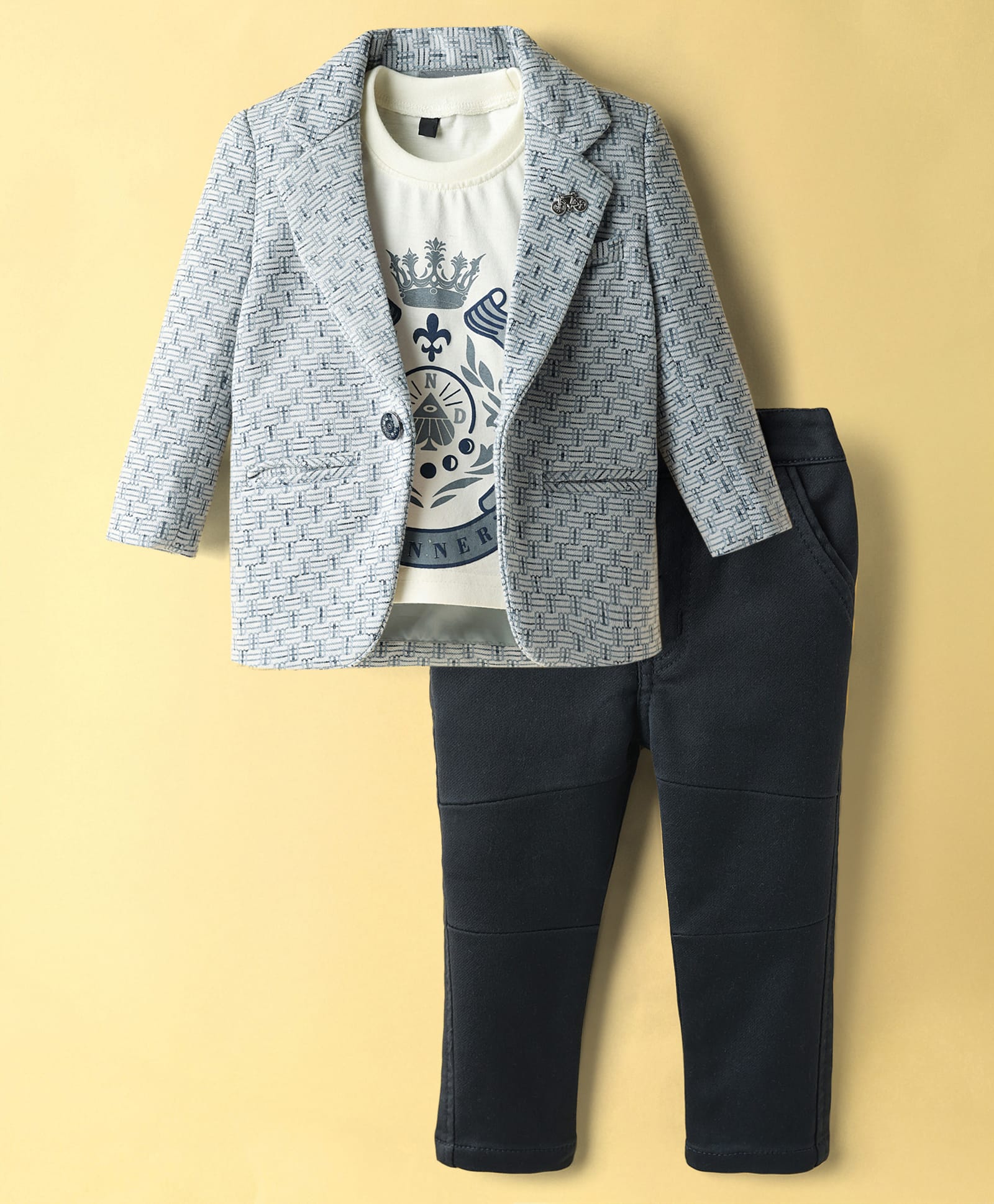 Dapper Dudes Full Sleeves Abstract Printed Blazer With Tee & Pant Set - Navy Blue-image-33