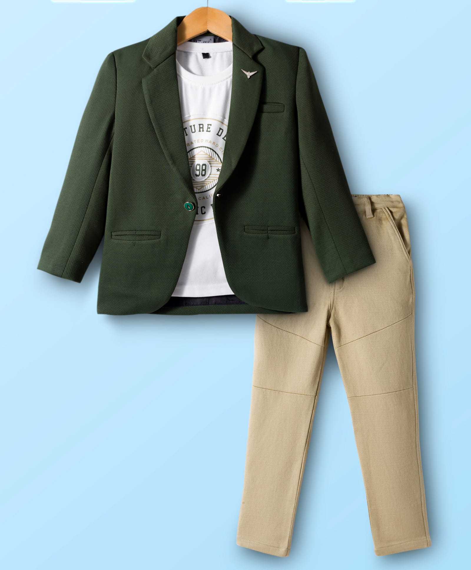 Dapper Dudes Full Sleeves Solid Blazer With Typography Printed Tee & Pant Set - Green-picture-14