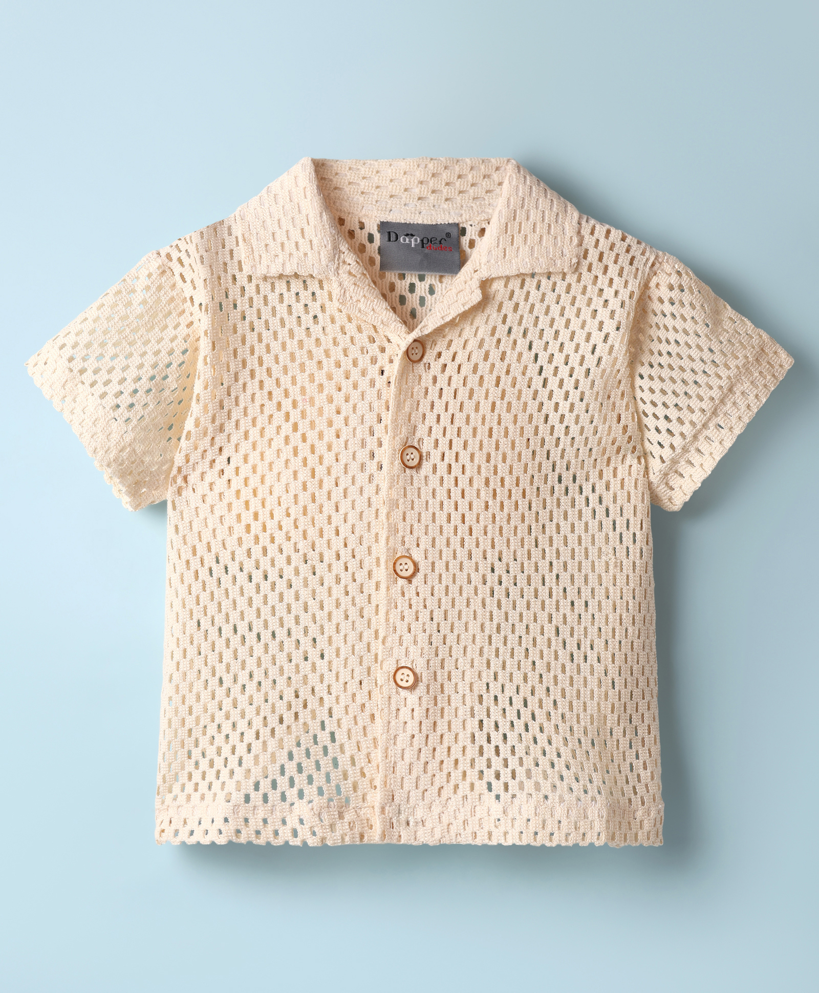 Dapper Dudes Half Sleeves Geometric Crochet Designed Shirt - Fawn-image-31