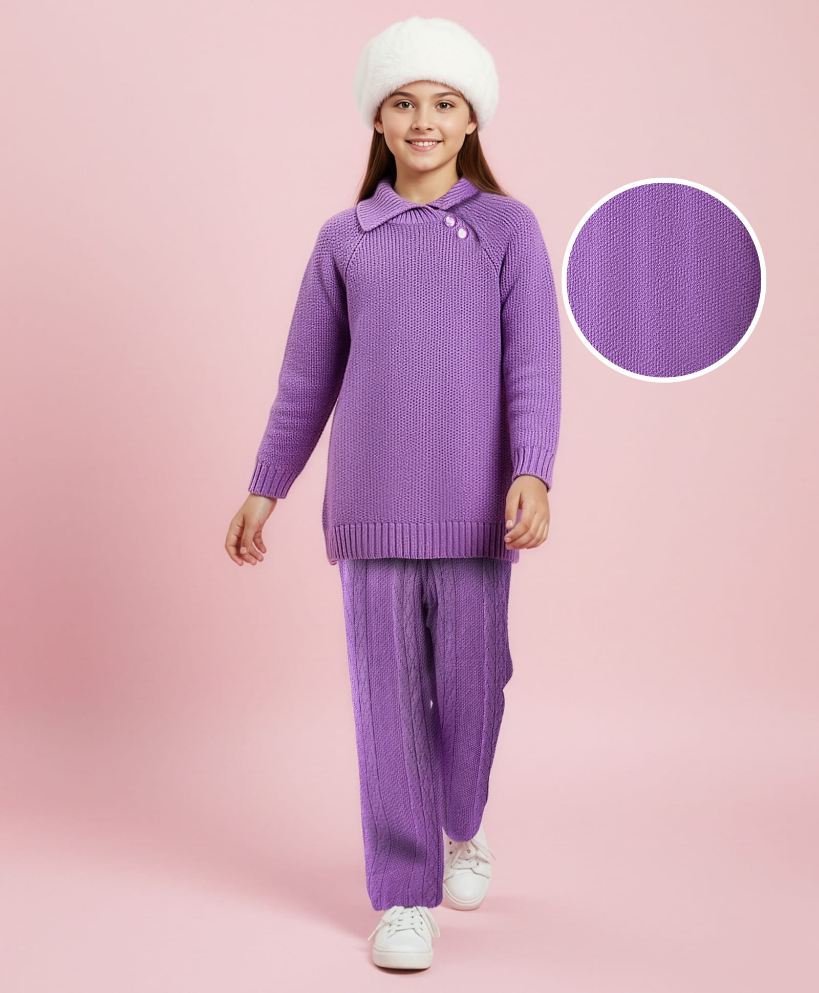 Pine Kids Knit Full Raglan Sleeves Sweater Set with Cable Knit Design - Purple-picture-28