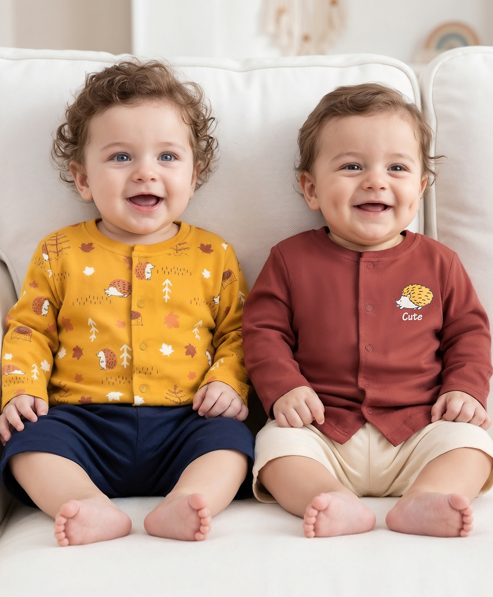 Babyoye 100% Cotton Knit Eco Jiva Finish Full Sleeves Jhablas with Proccupine Print Pack of 2 - Rust Orange & Yellow-image-16