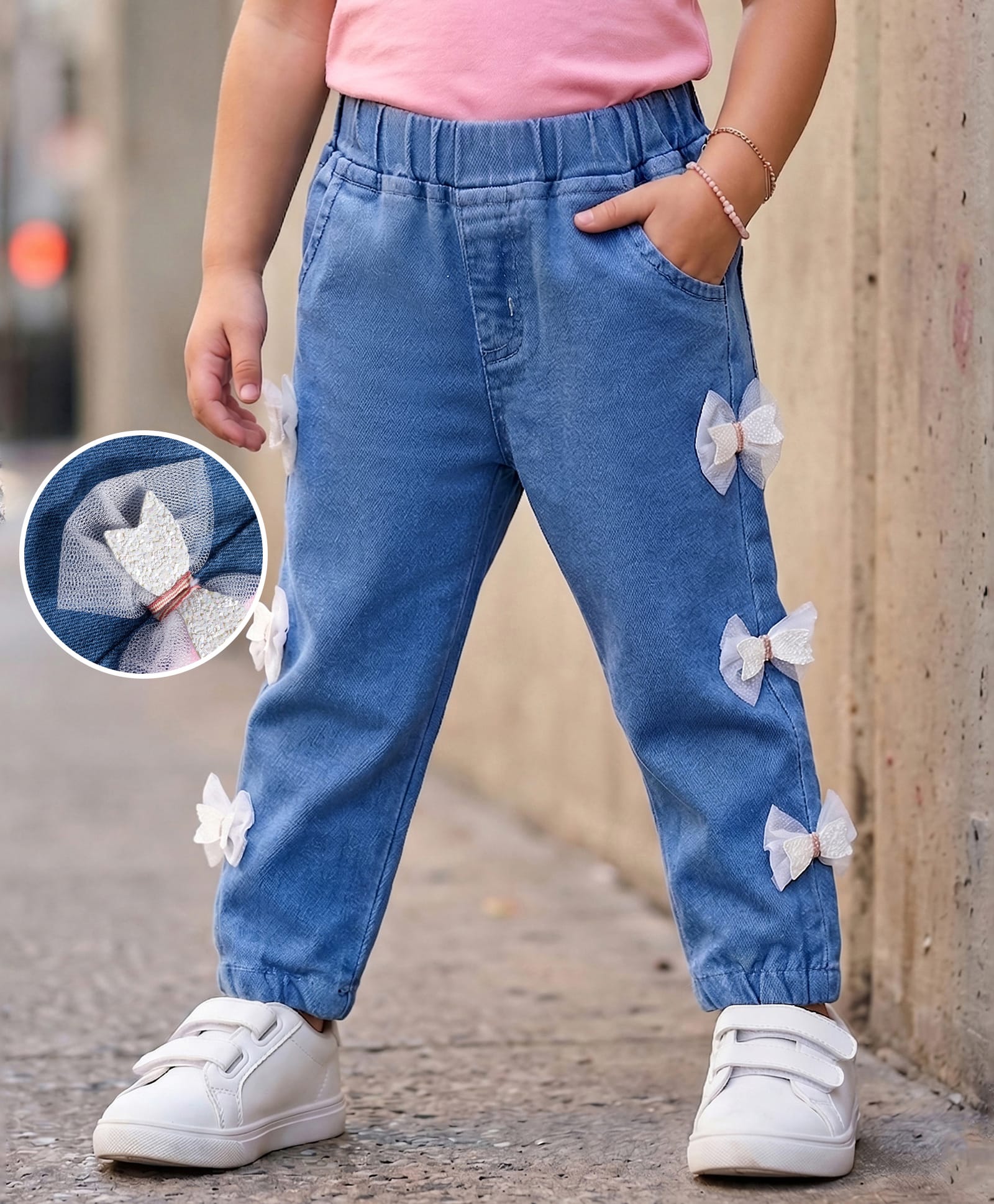 Mark & Mia Cotton Lycra Denim Full Length Jeans With Bow Detailing - Blue-picture-20