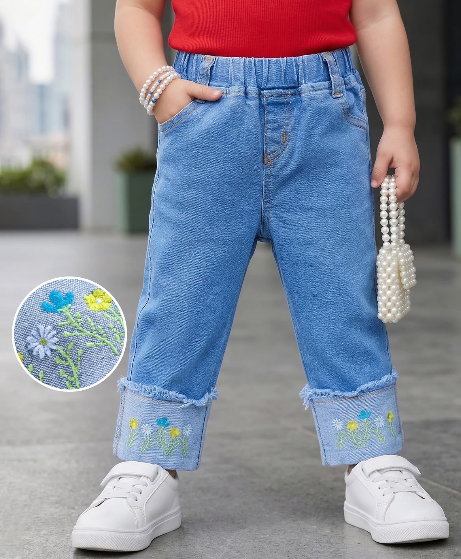 Mark & Mia Cotton Lycra Full Length Denim Jeans with Floral Embroidery - Blue-picture-24