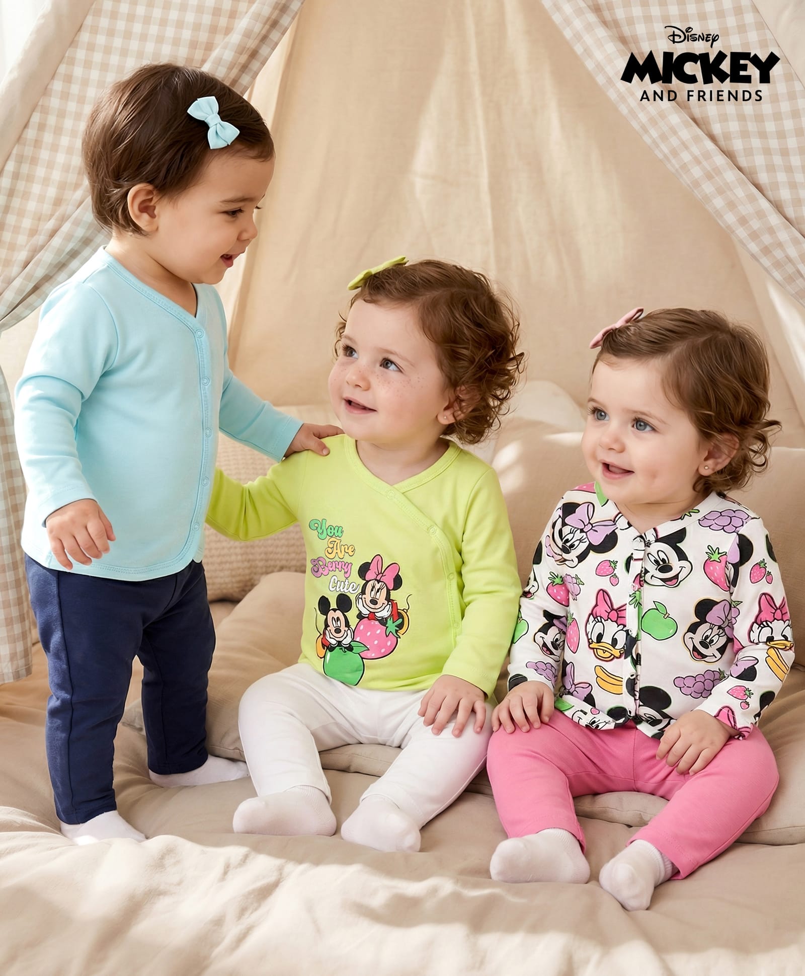 Babyoye Disney Interlock Knit Full Sleeves Front Open Jhablas with Minnie Mouse & Friends Graphic Pack of 3 - White Light Blue & Light Green-picture-31
