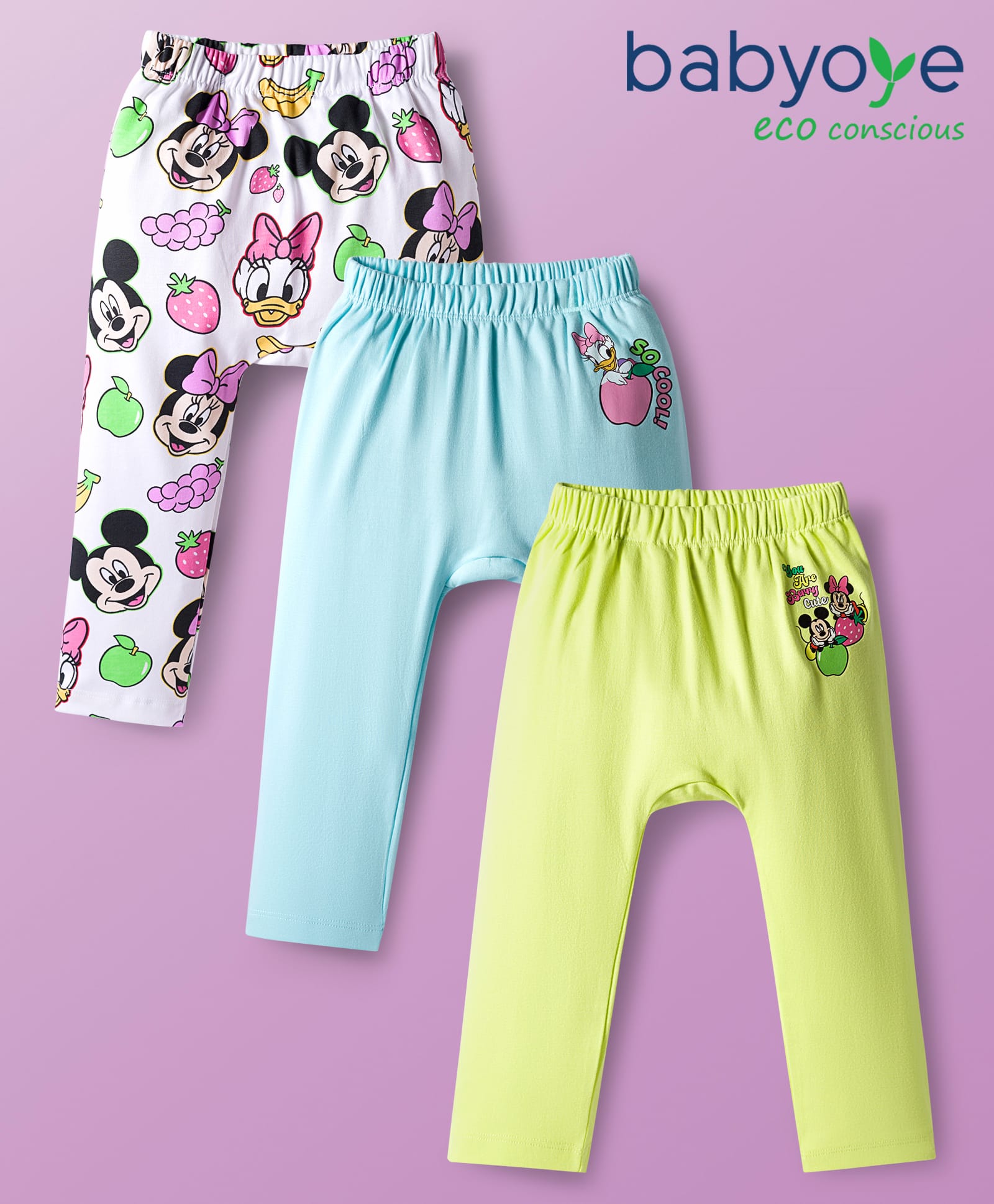 Babyoye Interlock Knit Diaper Leggings With Minnie & Mouse Friends Graphics Pack Of 3 - Light Blue White & Light Green-image-40