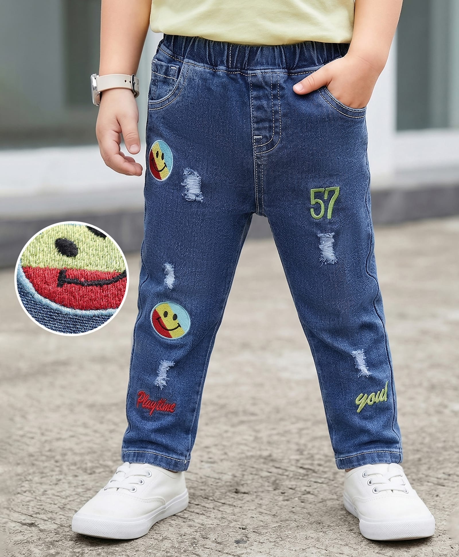 Mark & Mia Cotton Lycra Denim Full Length Washed Distressed Jeans With Embroidery Detailing - Blue-picture-16