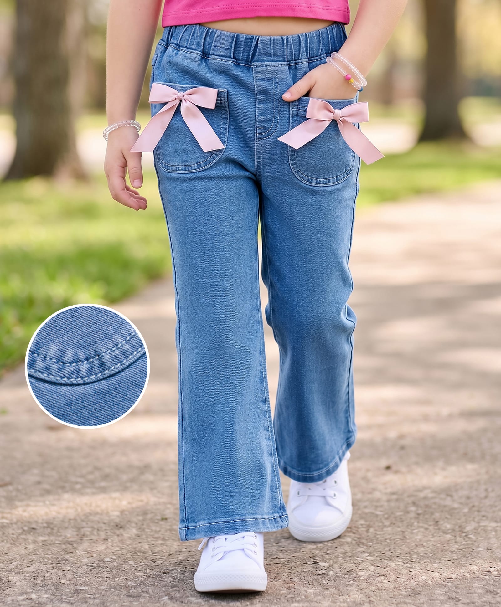 Mark & Mia Cotton Lycra Denim Full Length Flared Jeans with Pocket & Bow Detailing - Blue-picture-24