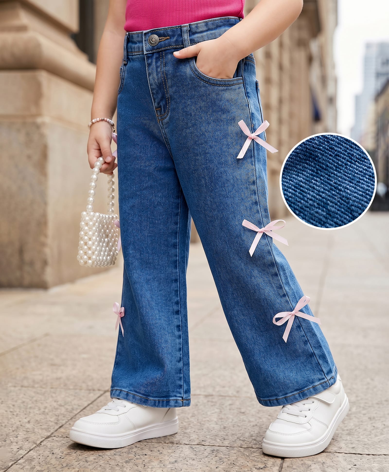 Mark & Mia Cotton Lycra Full Length Washed Jeans With Pocket & Bow Applique - Blue-image-26