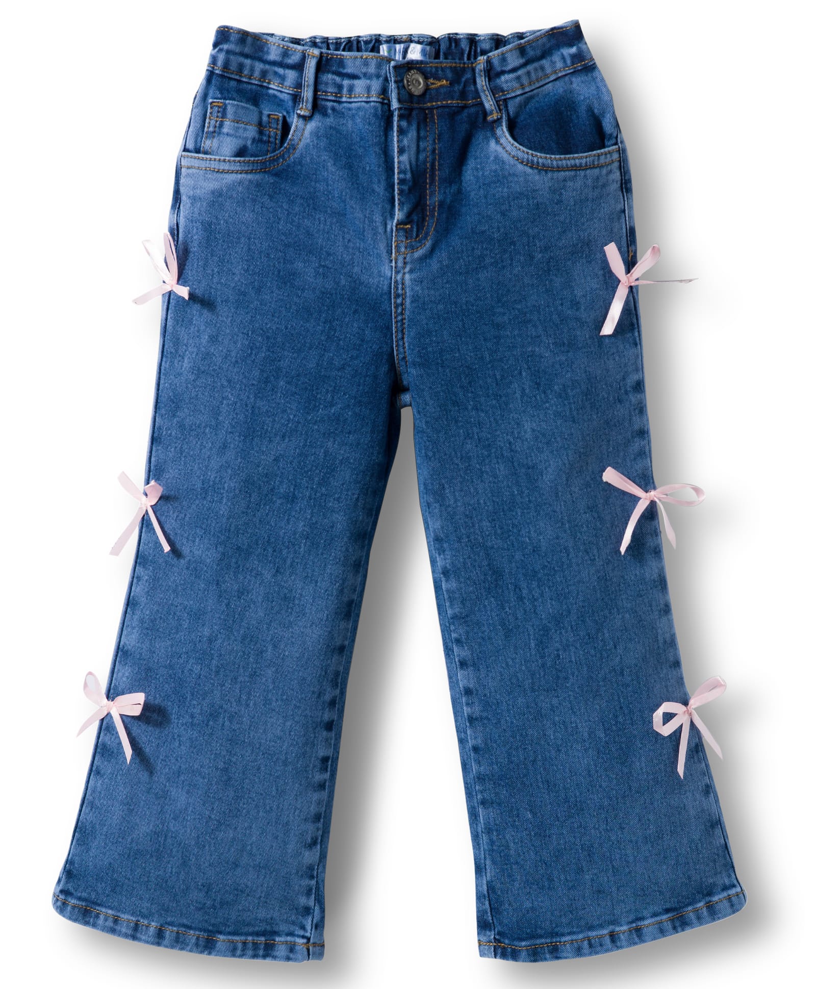 Mark & Mia Cotton Lycra Full Length Washed Jeans With Pocket & Bow Applique - Blue