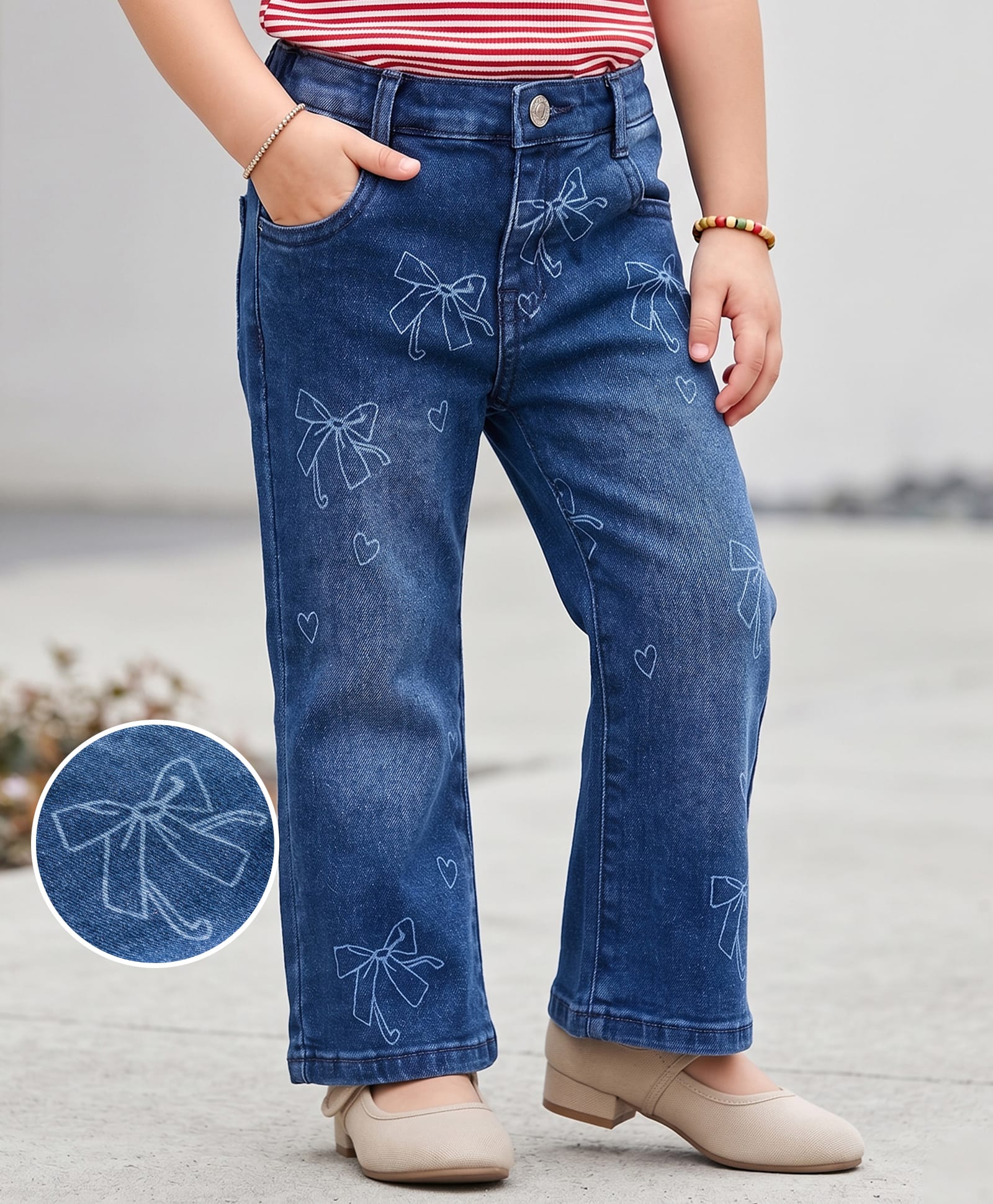 Mark & Mia Cotton Lycra Full Length Flared Jeans With Bow Print - Blue-picture-16