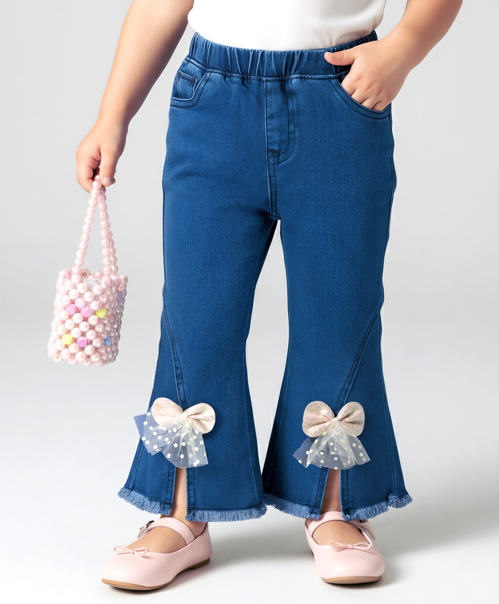 Mark & Mia Cotton Denim Full Length Bell Bottom Washed Jeans With Bow Detailing - Blue-picture-35